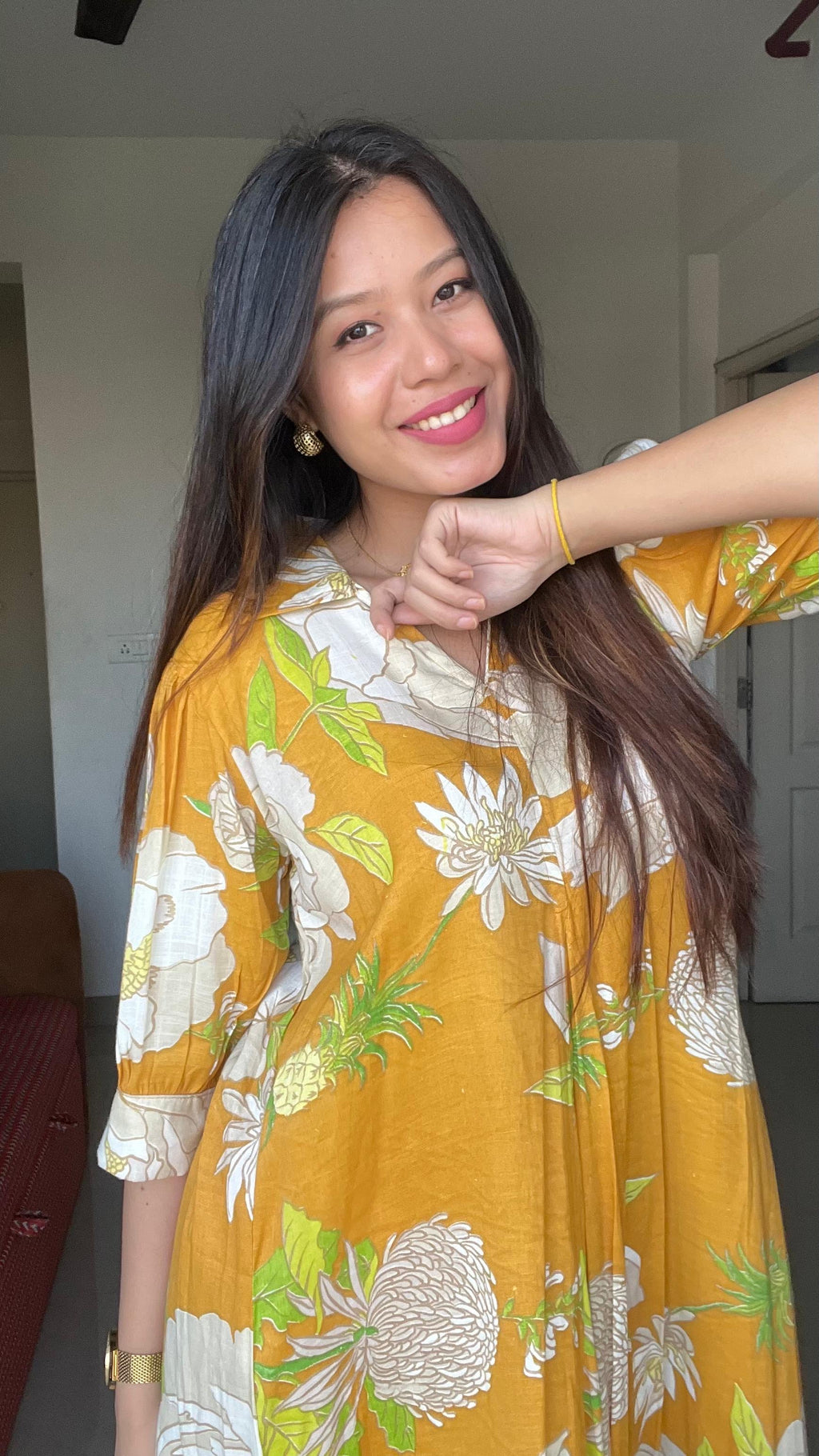 Sun-Drenched Mustard Floral Midi Dress