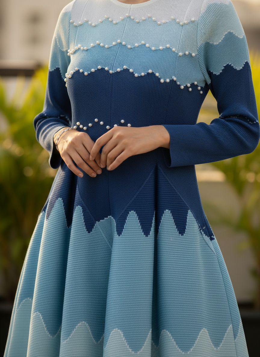 Blue Ripple Pleated Midi Dress