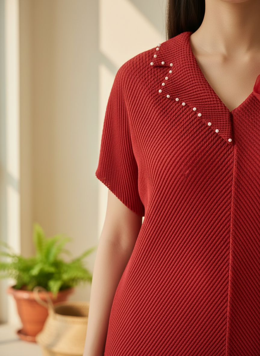 Floral Embellished V-Neck Pleated Blouse - Plus Size Friendly