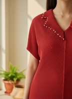 Floral Embellished V-Neck Pleated Blouse - Plus Size Friendly