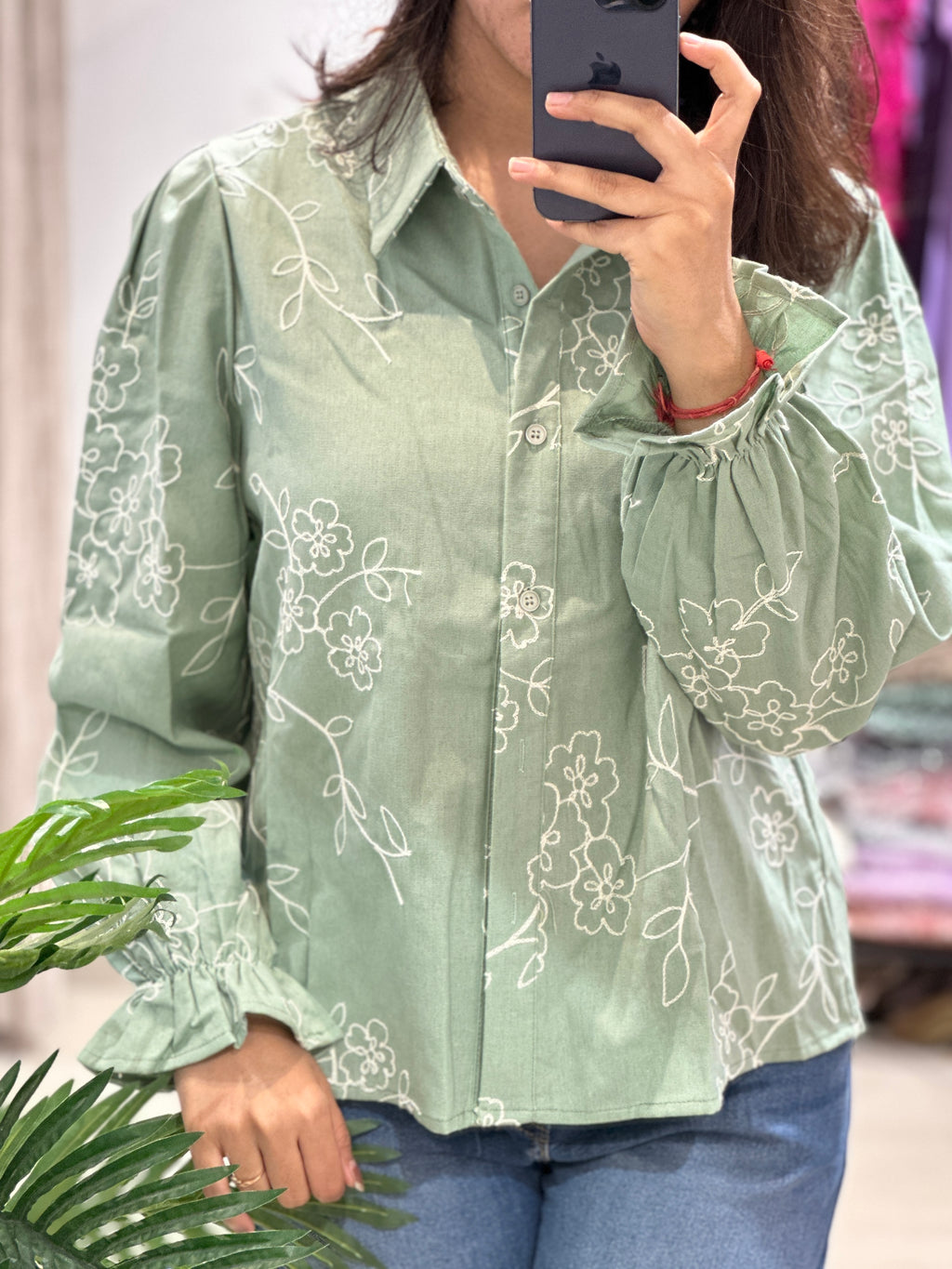 Olive Threadwork Linen Shirt