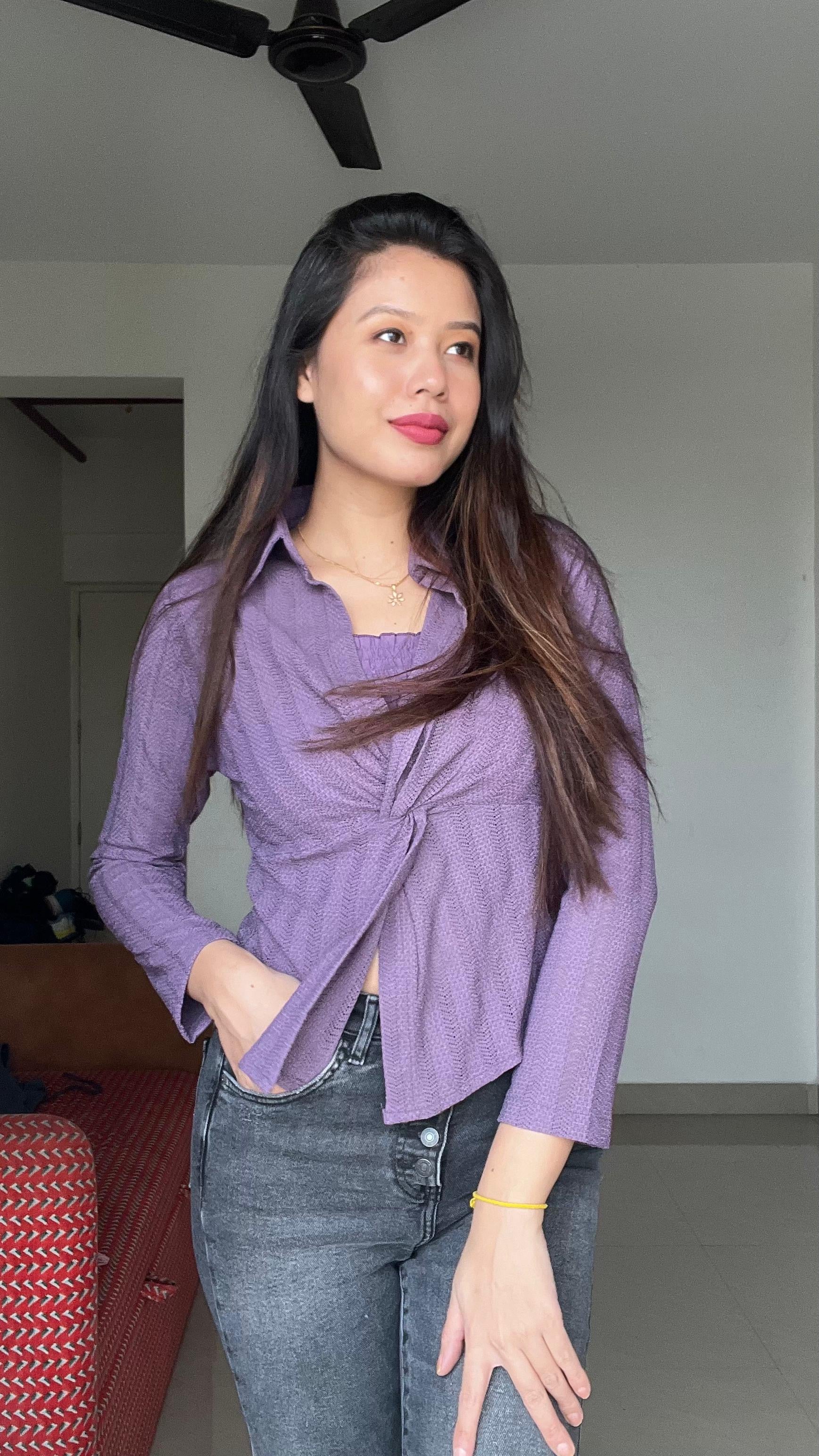 Women’s Front-Twist Textured Peplum Shirt with Inner Camisole