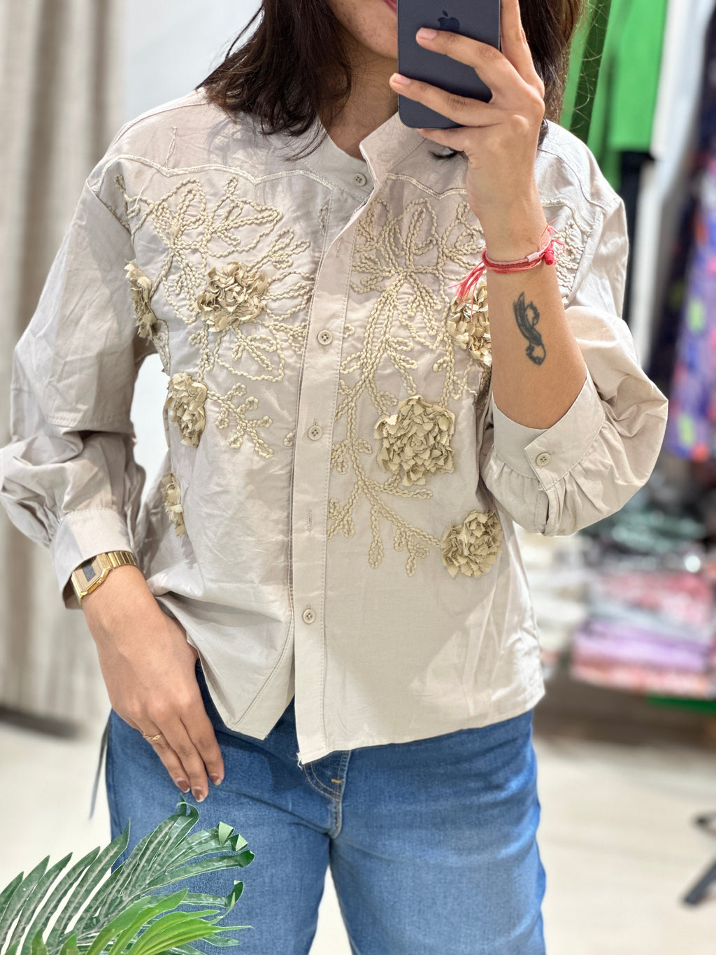 Anahi Flora Shirt- Coastal Grey