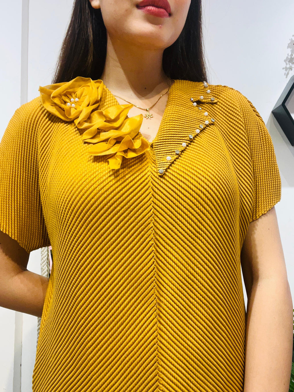 Floral Embellished V-Neck Pleated Blouse - Plus Size Friendly