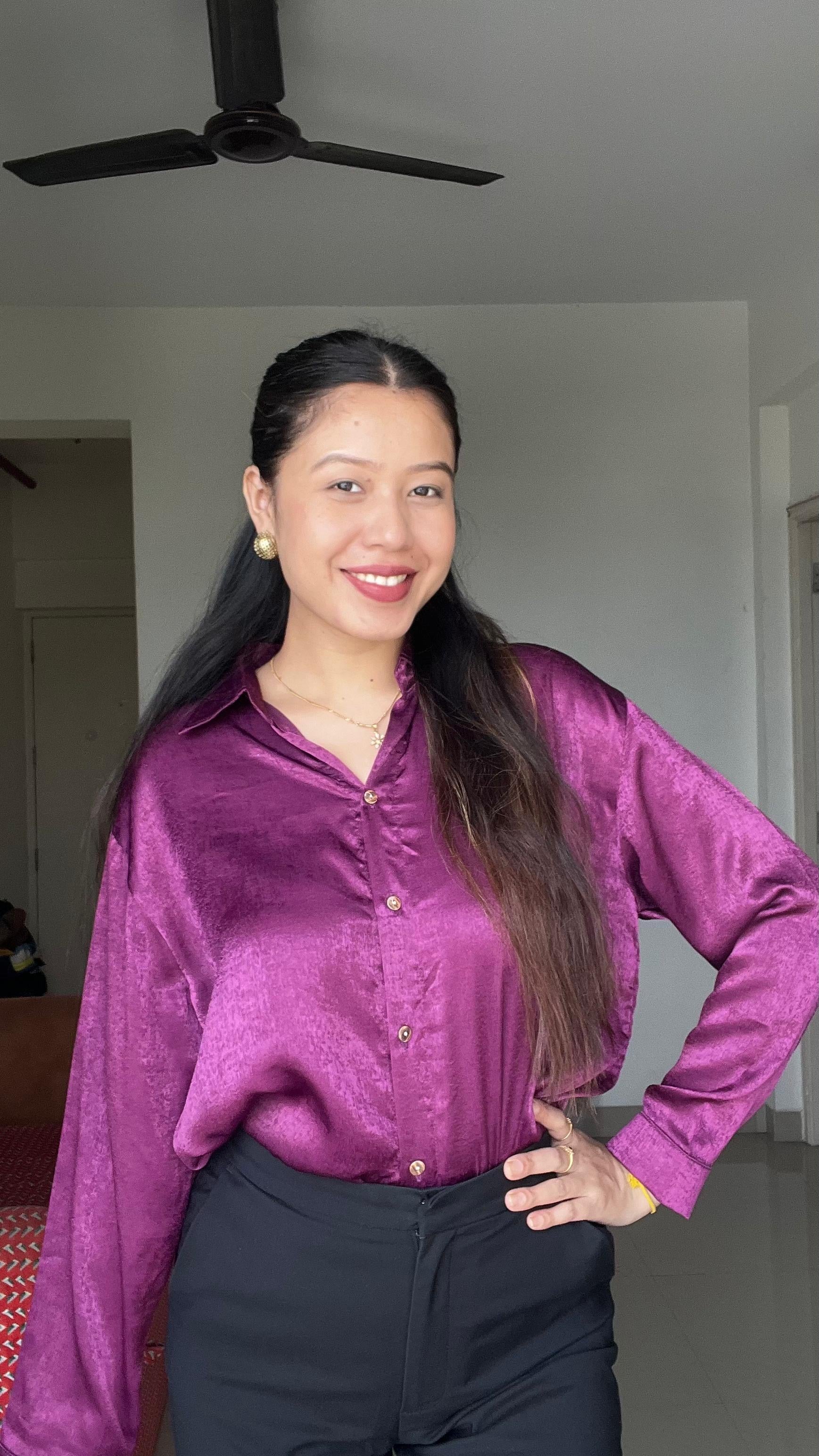 Midnight Azure Satin Abstract Blouse