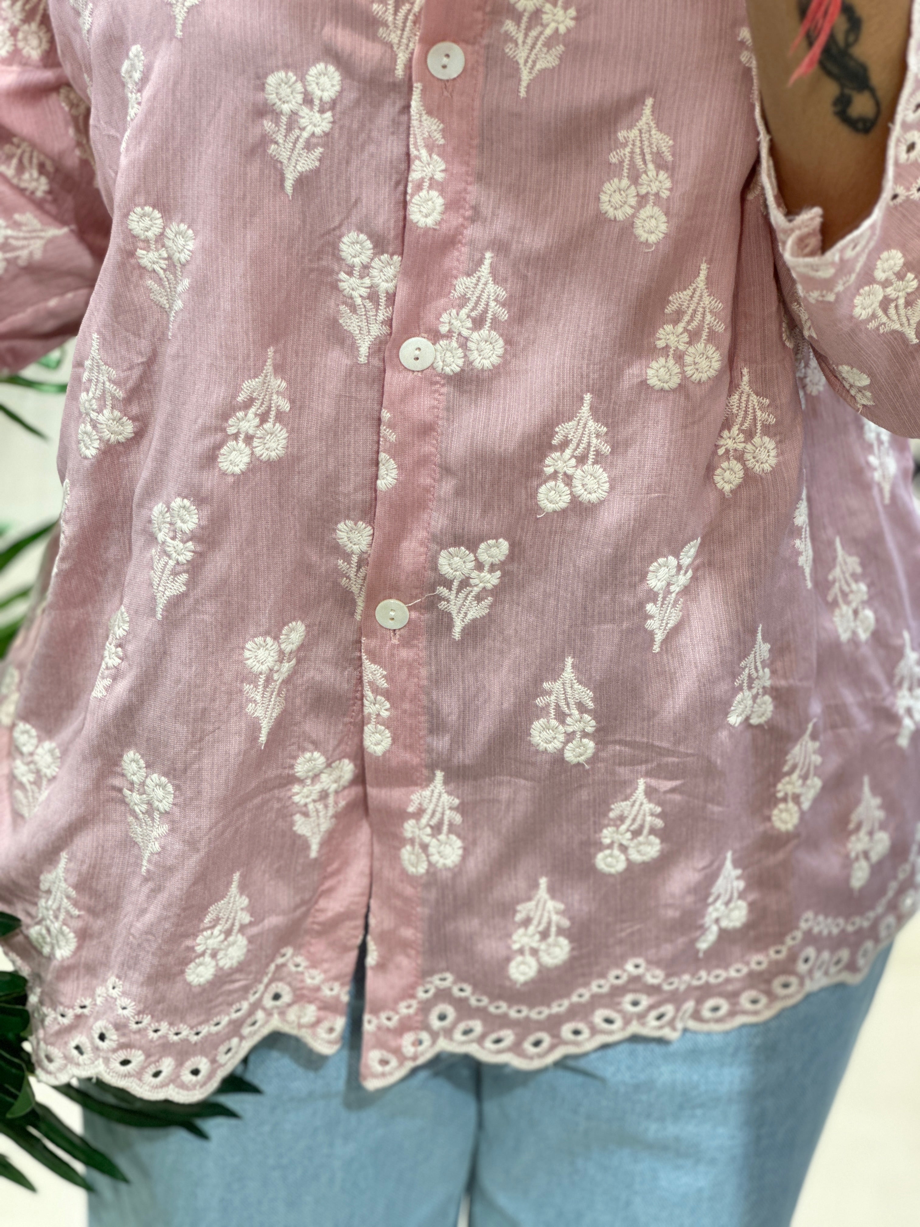 Linen Silk Threadwork shirt- Baby Pink