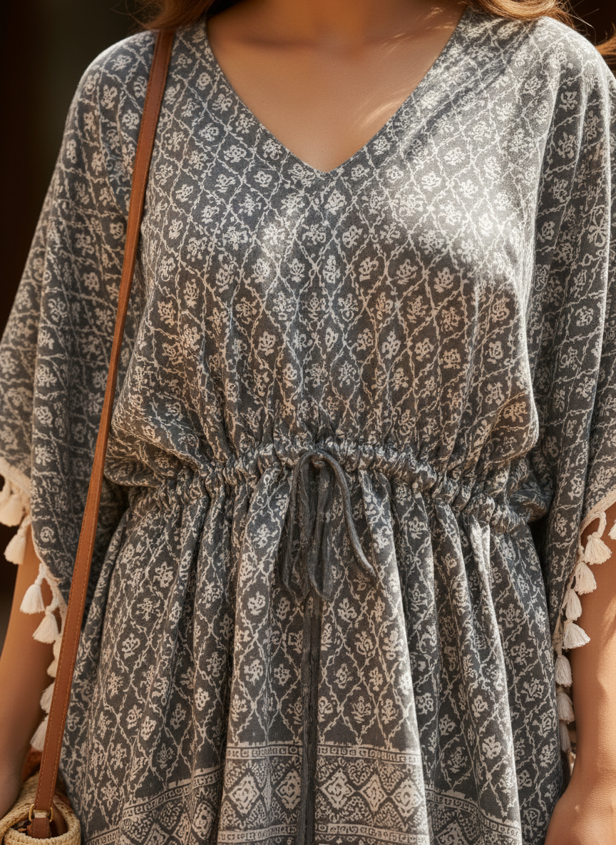 Grey Embroidered Kaftan Dress