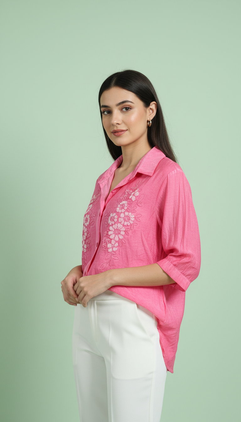 Hibiscus Embroidered Drop-Shoulder Blouse