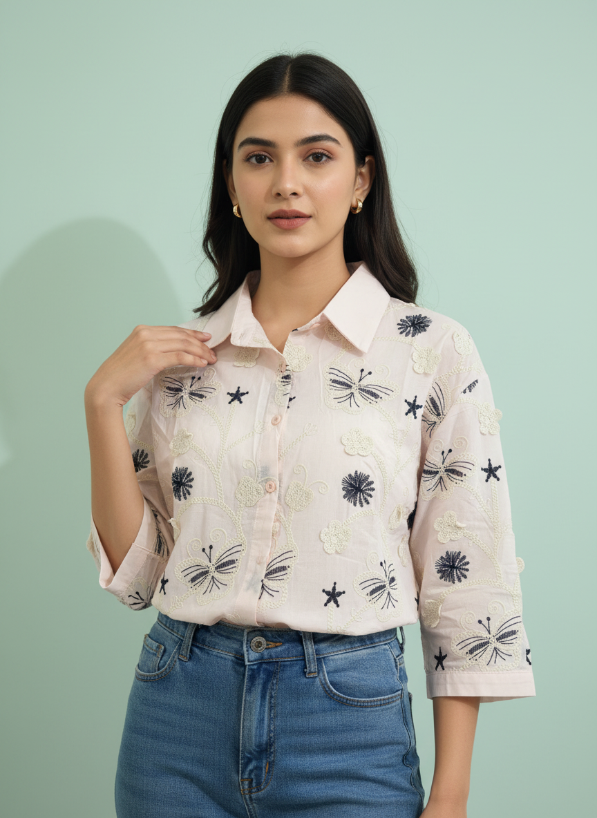 The Mariposa Embroidered Shirt – Blush Pink