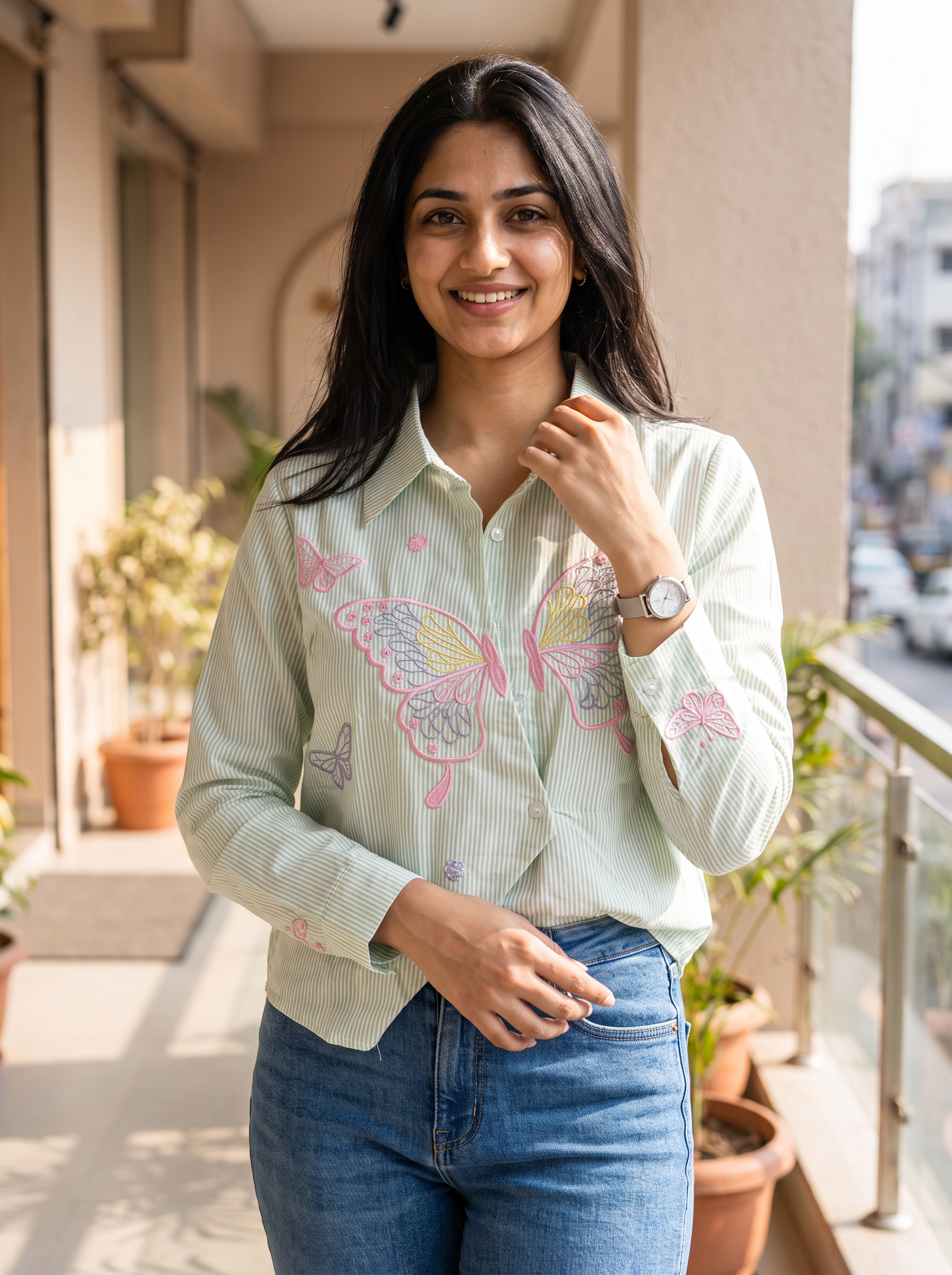 Striped Butterfly Embroidered Shirt