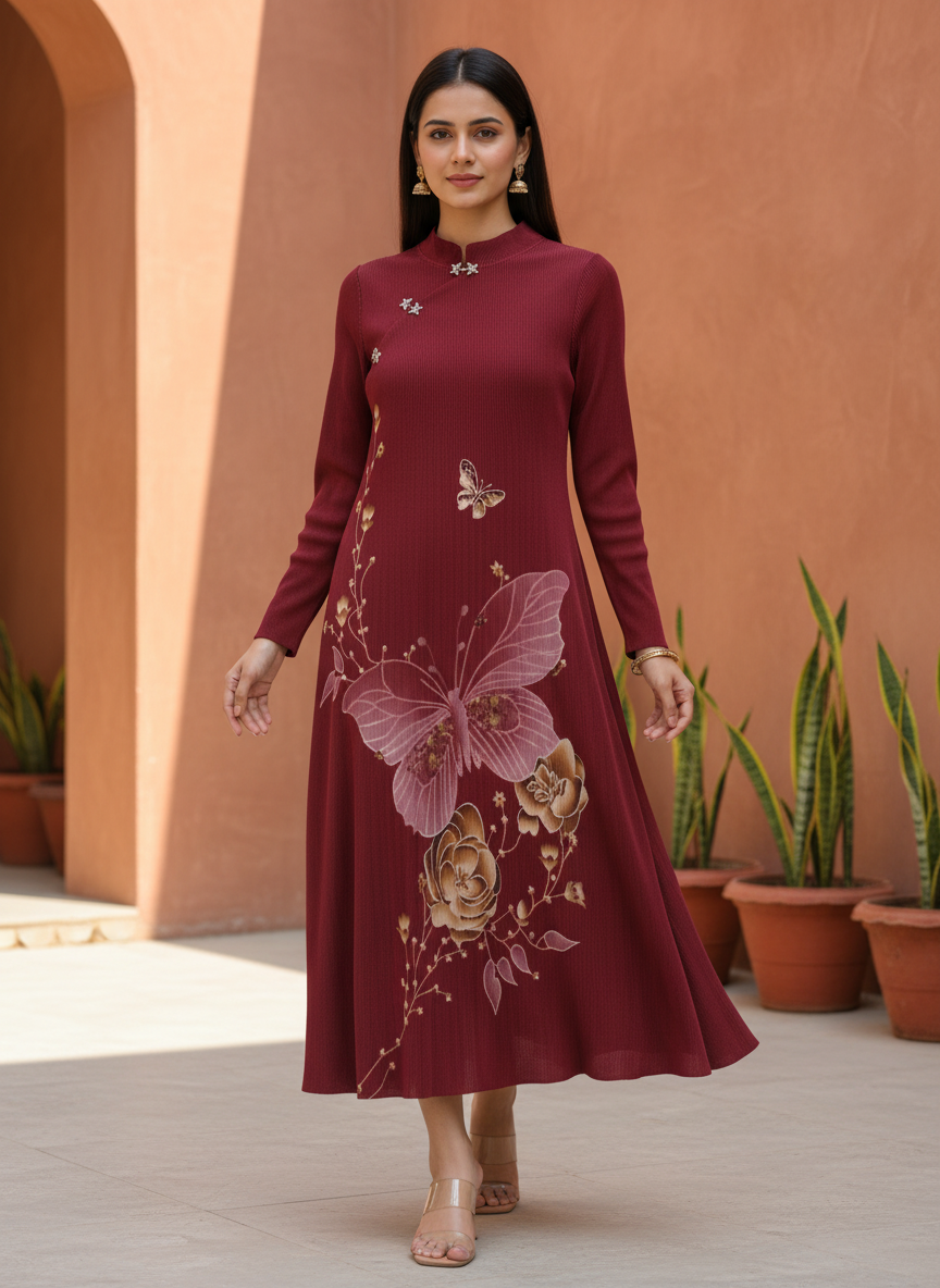 Rosy Printed Pleated Dress
