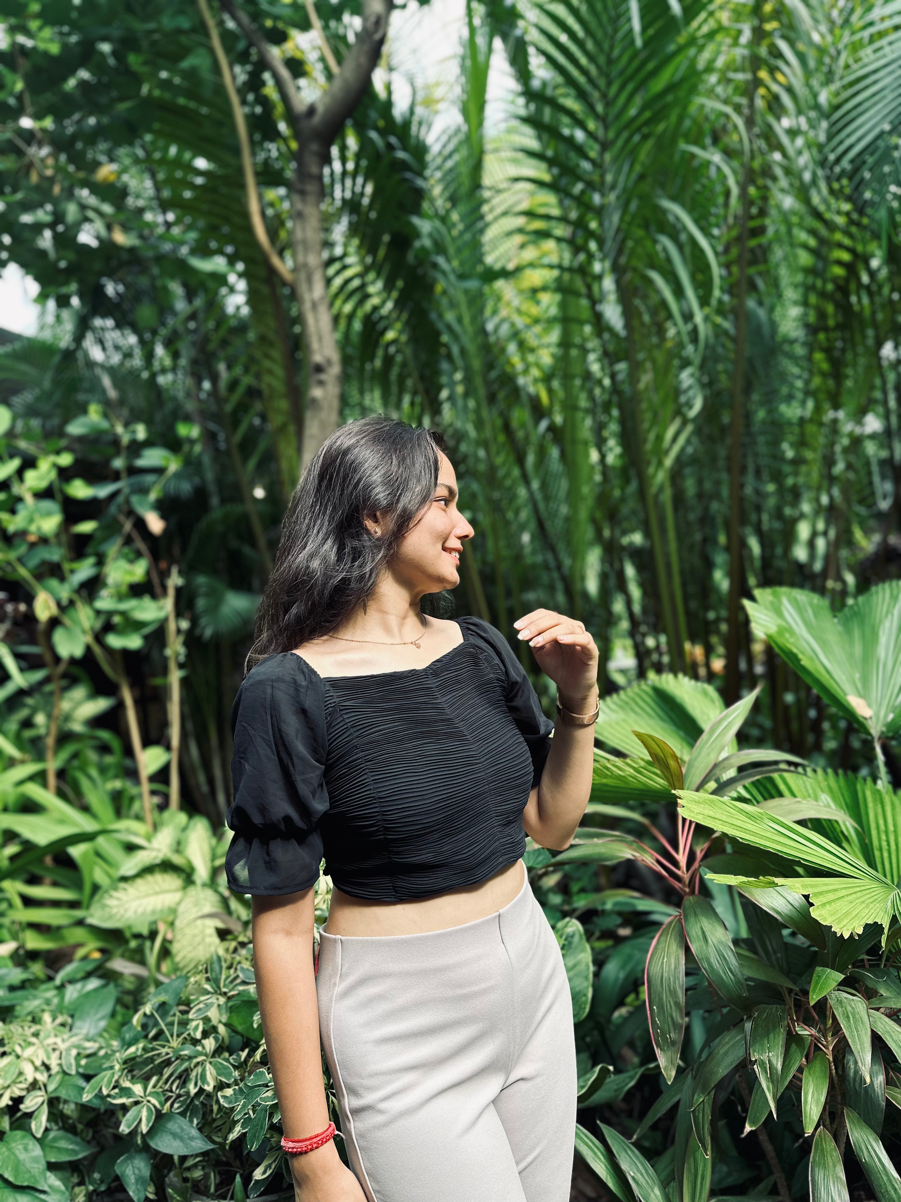 Solid Black Pleated Puff Sleeve Top