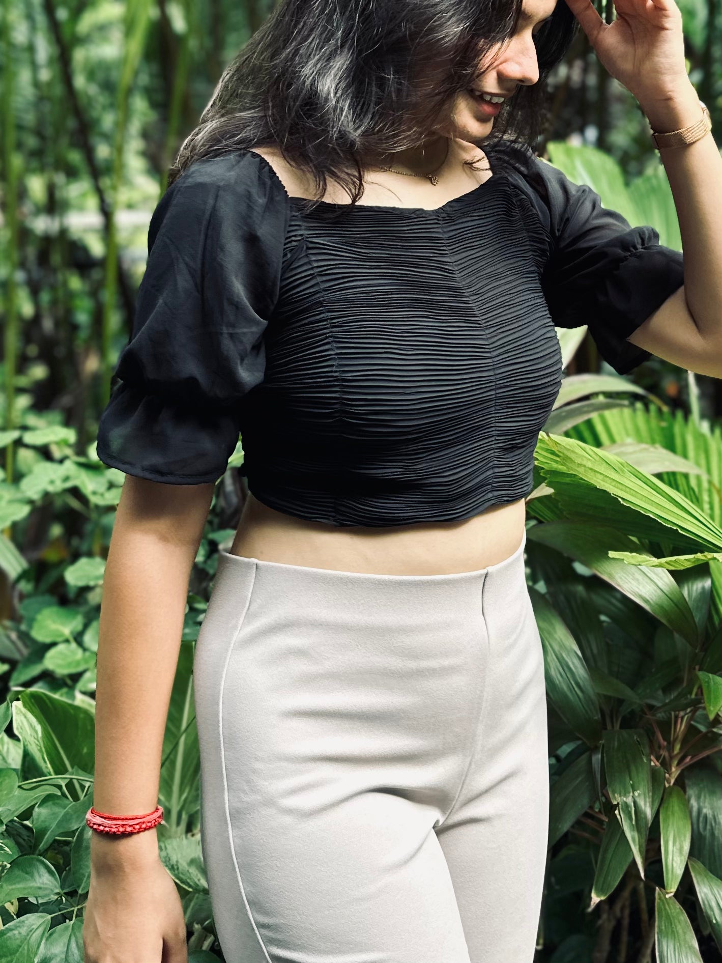 Solid Black Pleated Puff Sleeve Top