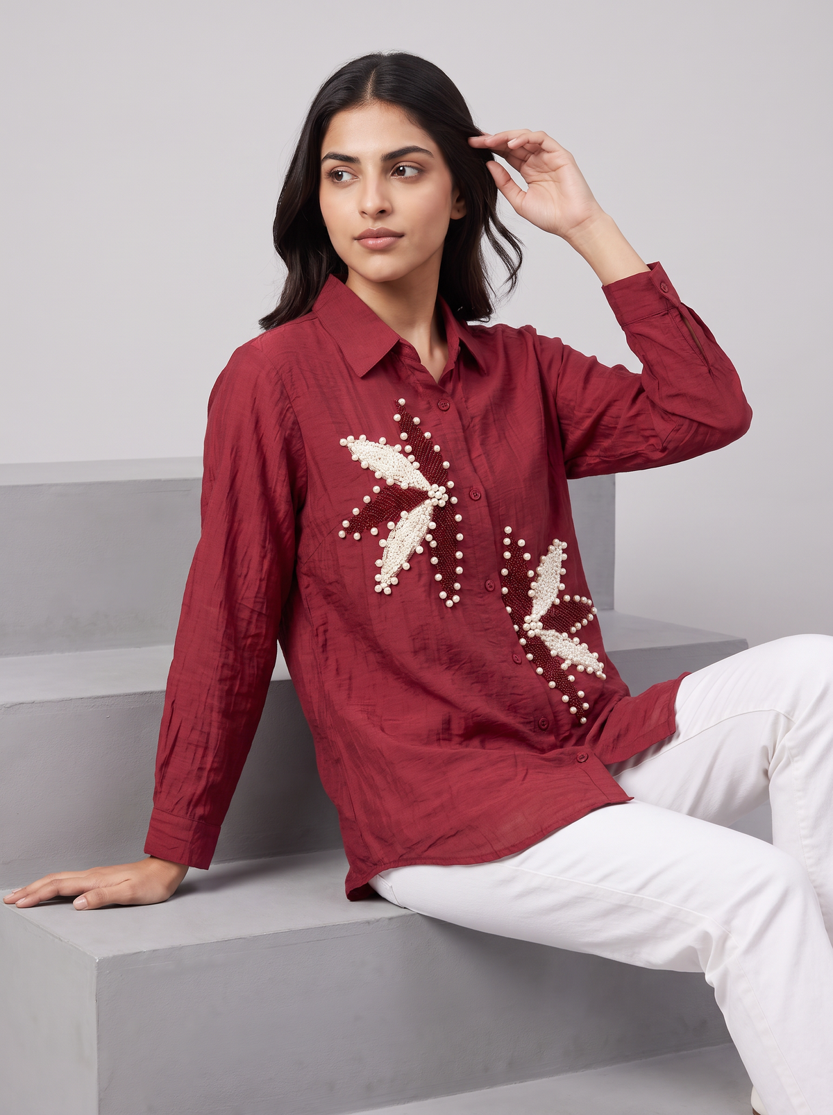 Ruby Bloom-Embellished Linen Khadi