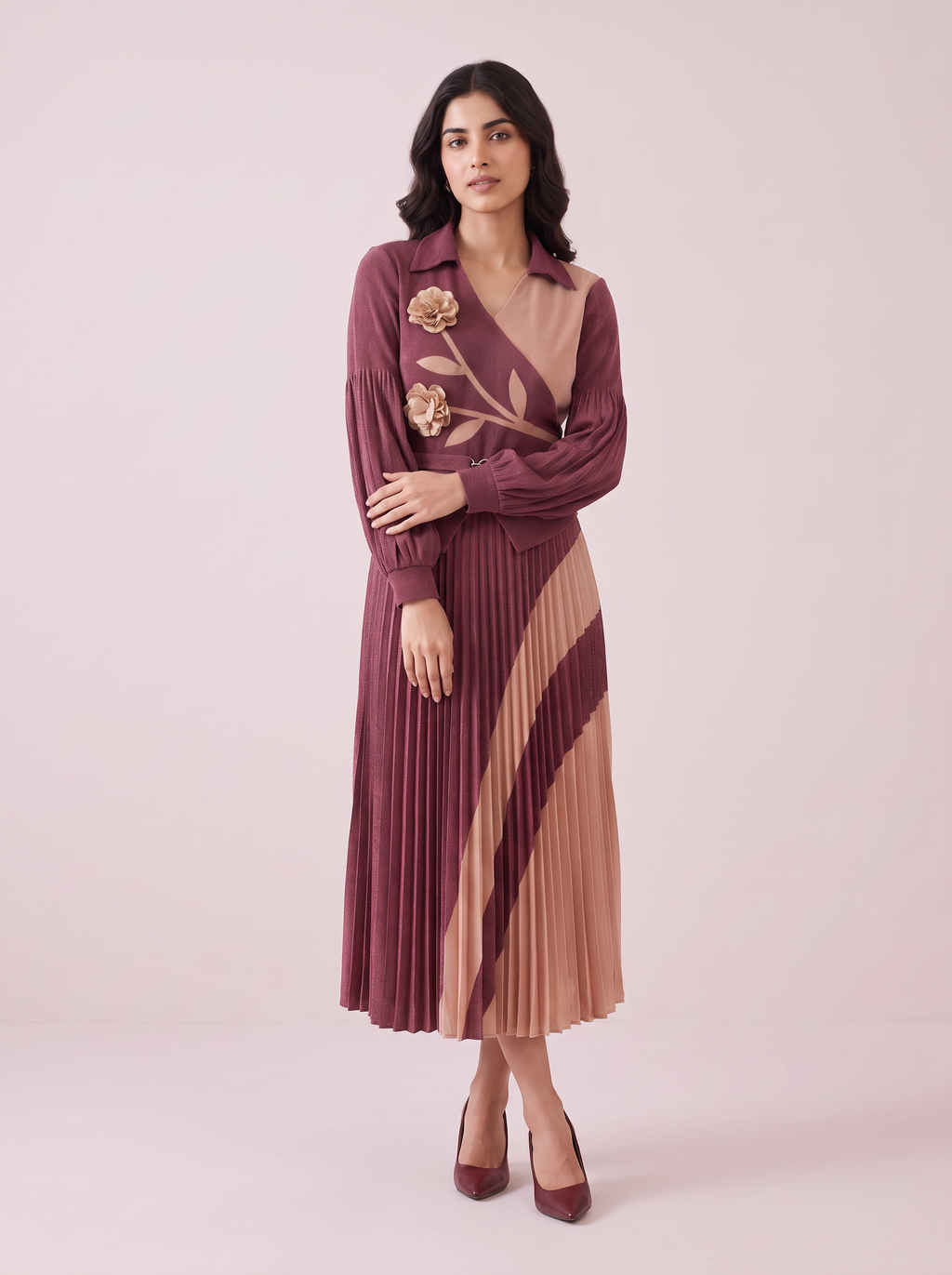 Two-Tone Floral Appliqué Pleated  Dress
