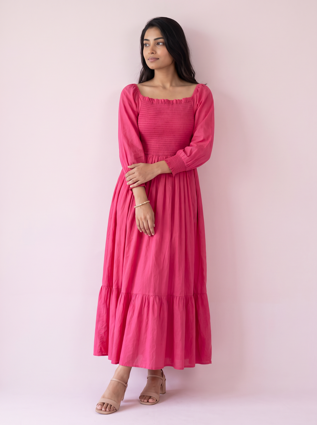 Hot Pink Smocked Long-Sleeve Tiered Maxi
