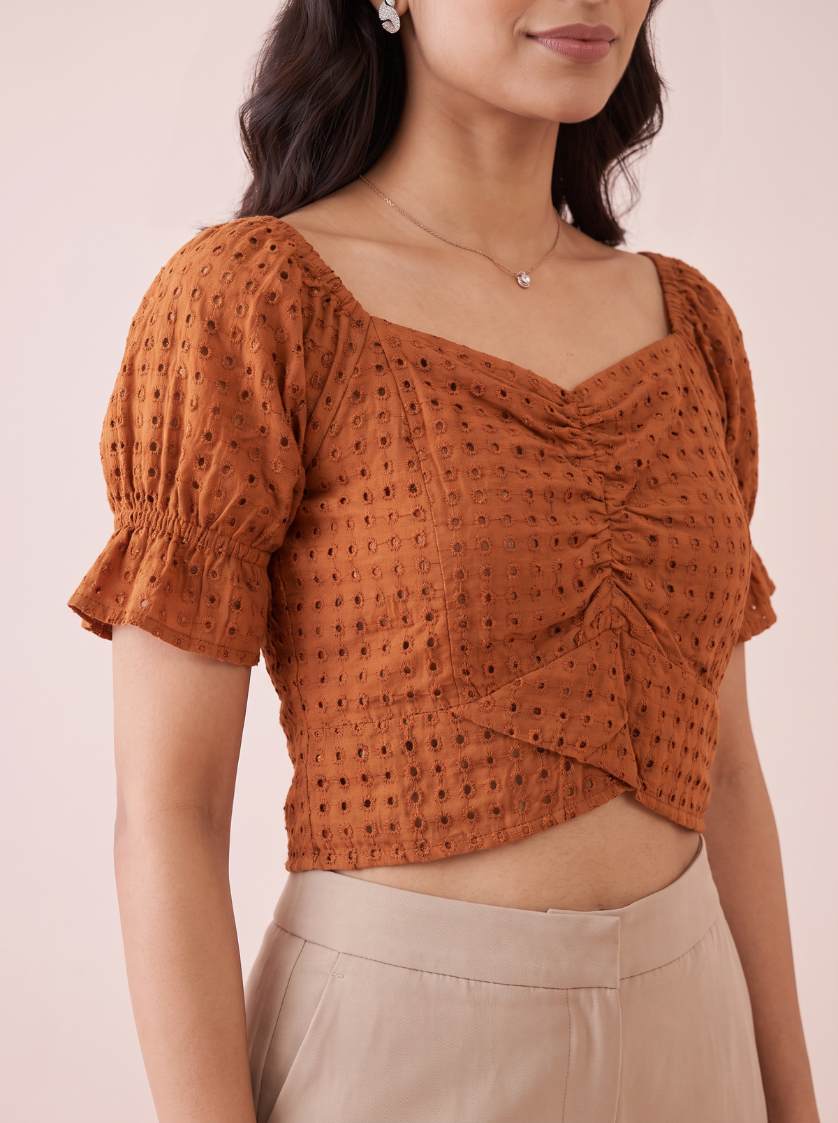 Rust Eyelet Ruched Crop Top