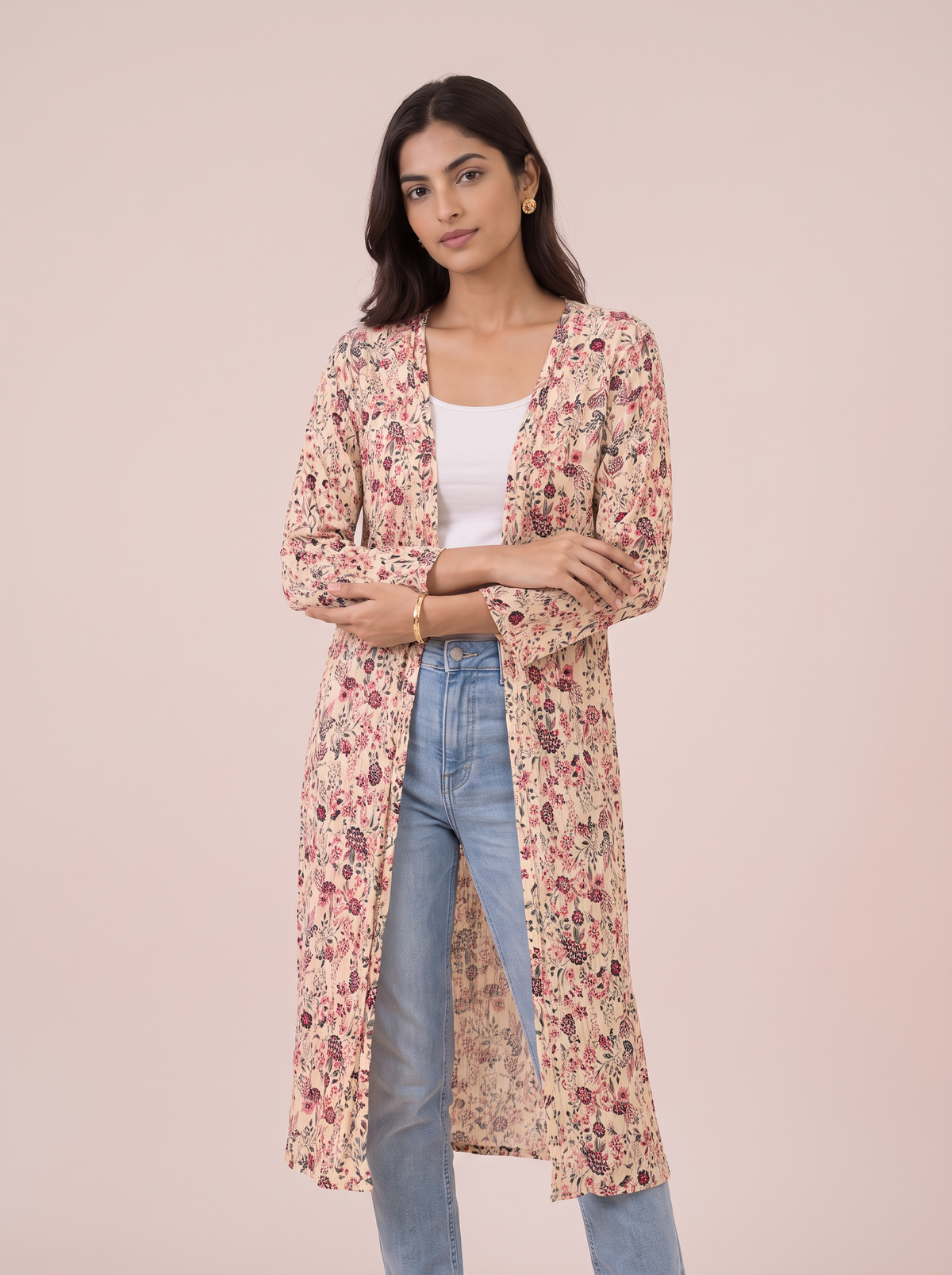 Cream Floral Crinkle Longline Shrug