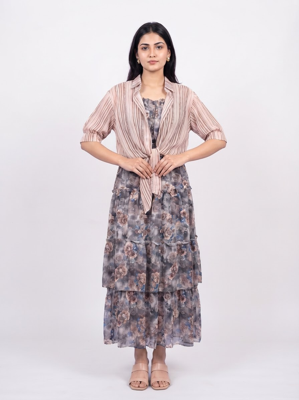 Midi Dress with Striped Tie-Front Shrug Set