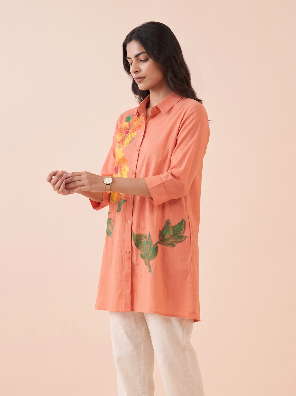 Peach Floral Hand-Painted Cotton Tunic Shirt
