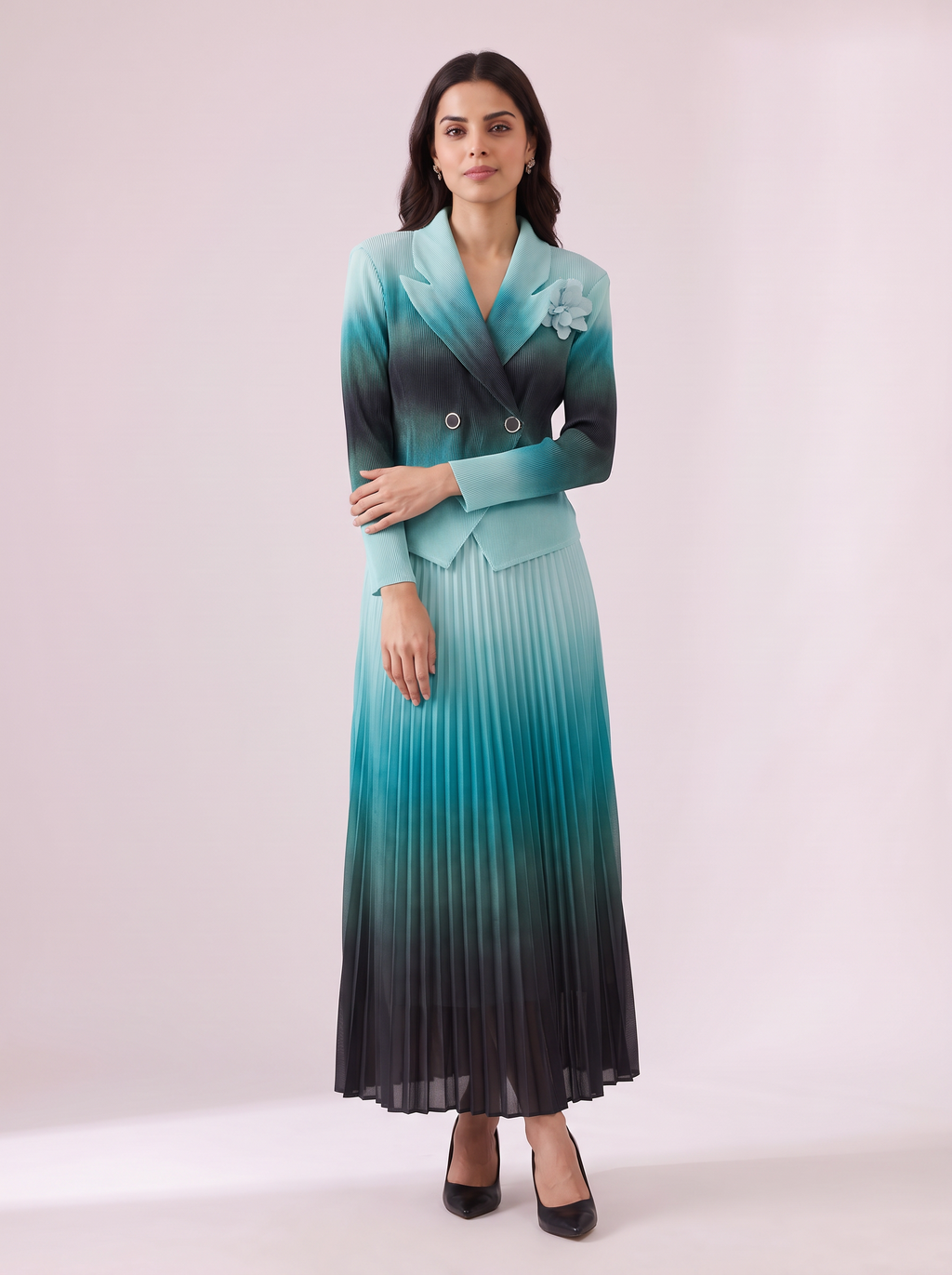 Ombre Double-Breasted Pleated Dress