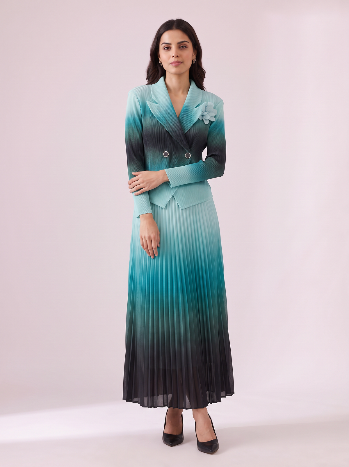 Ombre Double-Breasted Pleated Dress