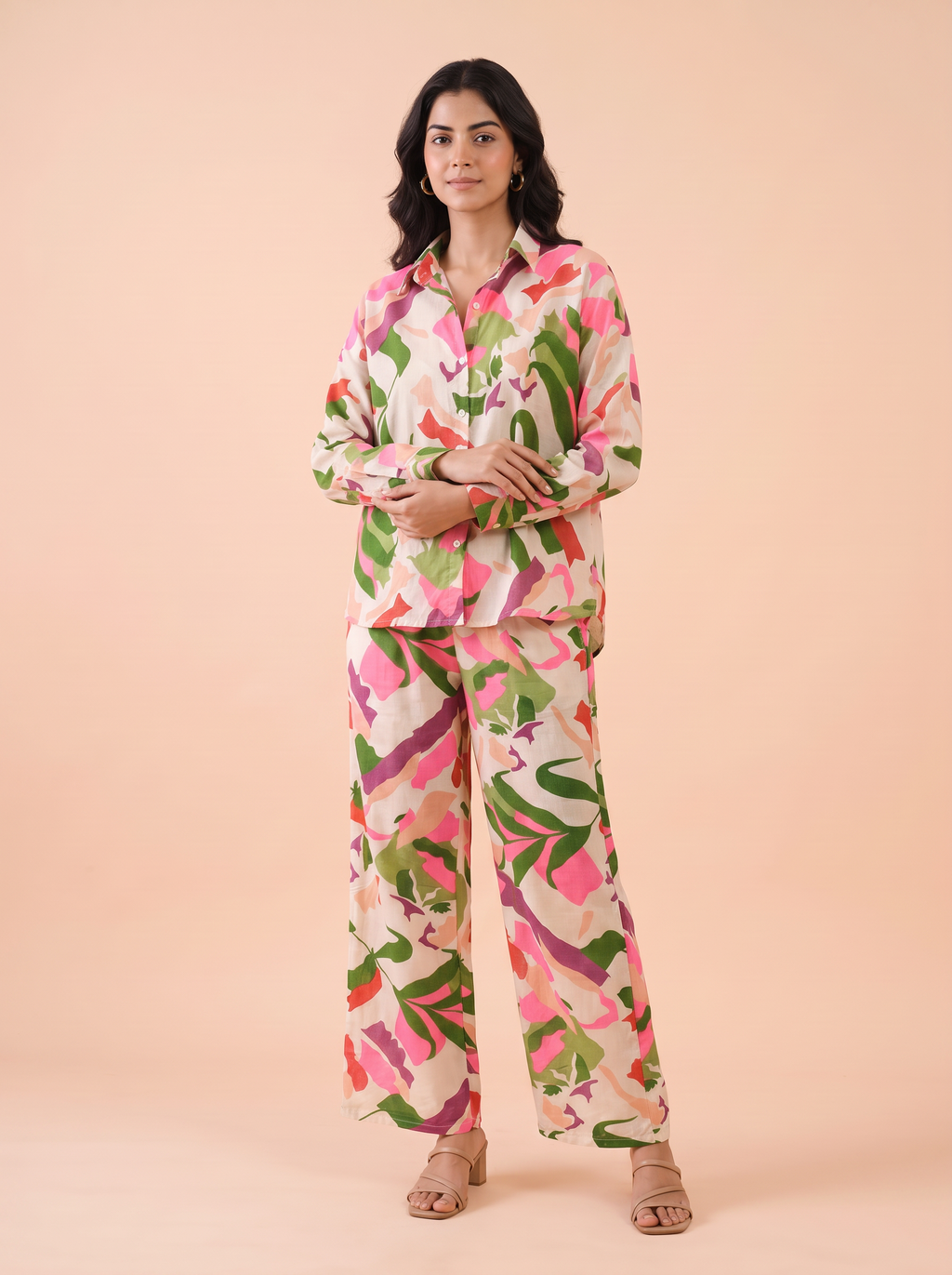 Tropical Mosaic Printed Shirt & Wide-Leg Co-Ord Set