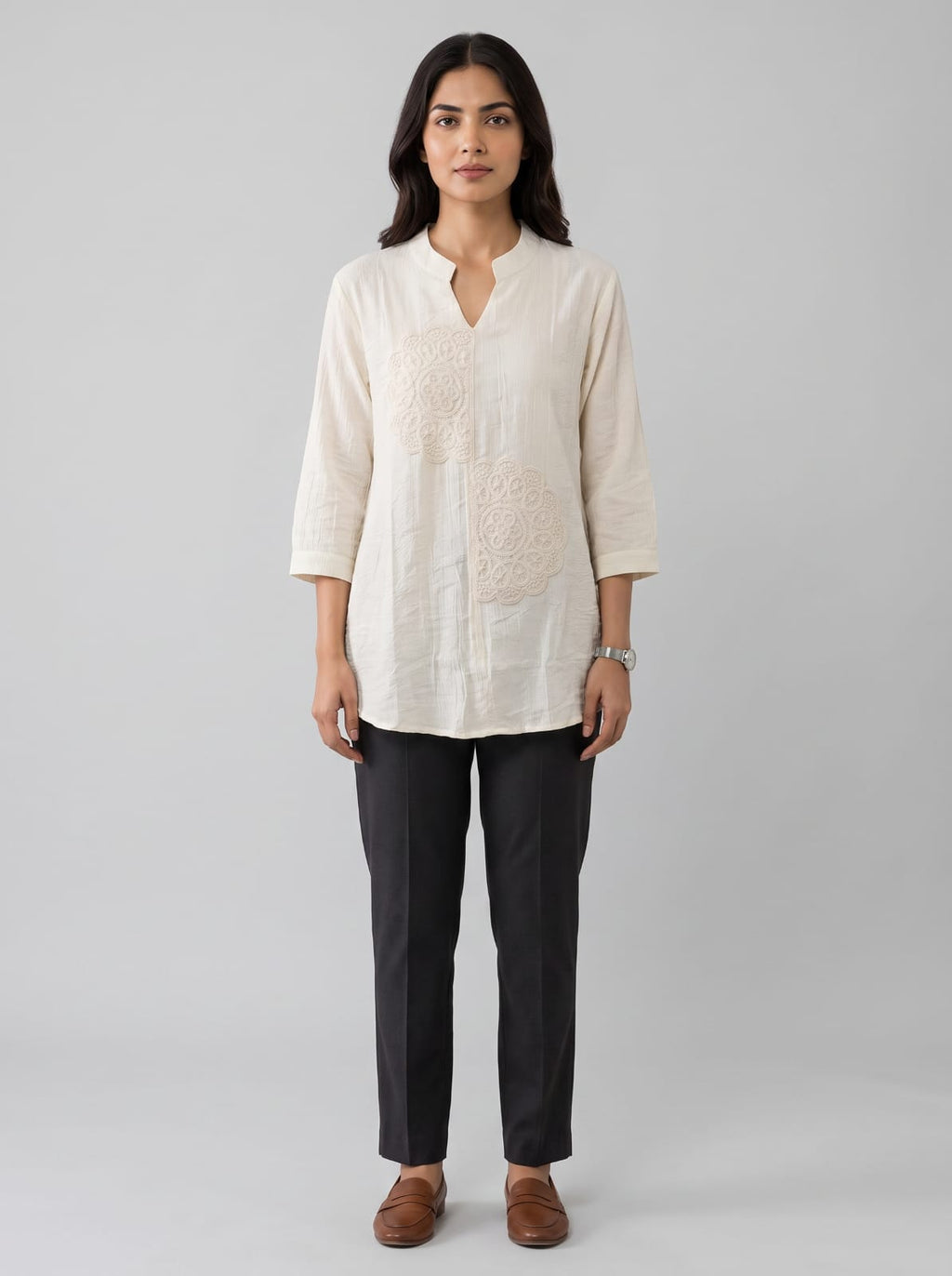 Ivory Mandala Embroidered Linen-Cotton Tunic