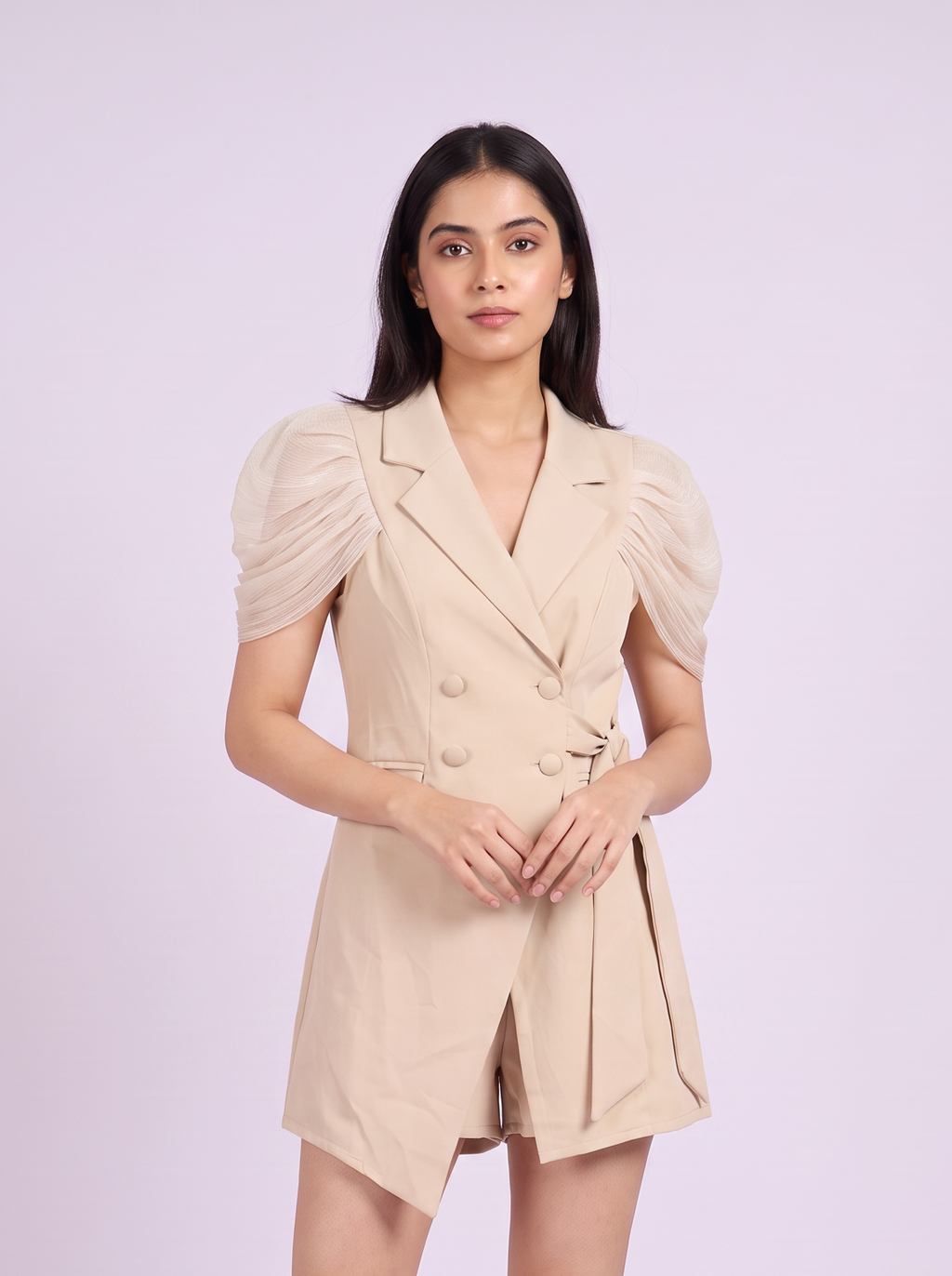Blazer Romper with Sheer Ruched Sleeves