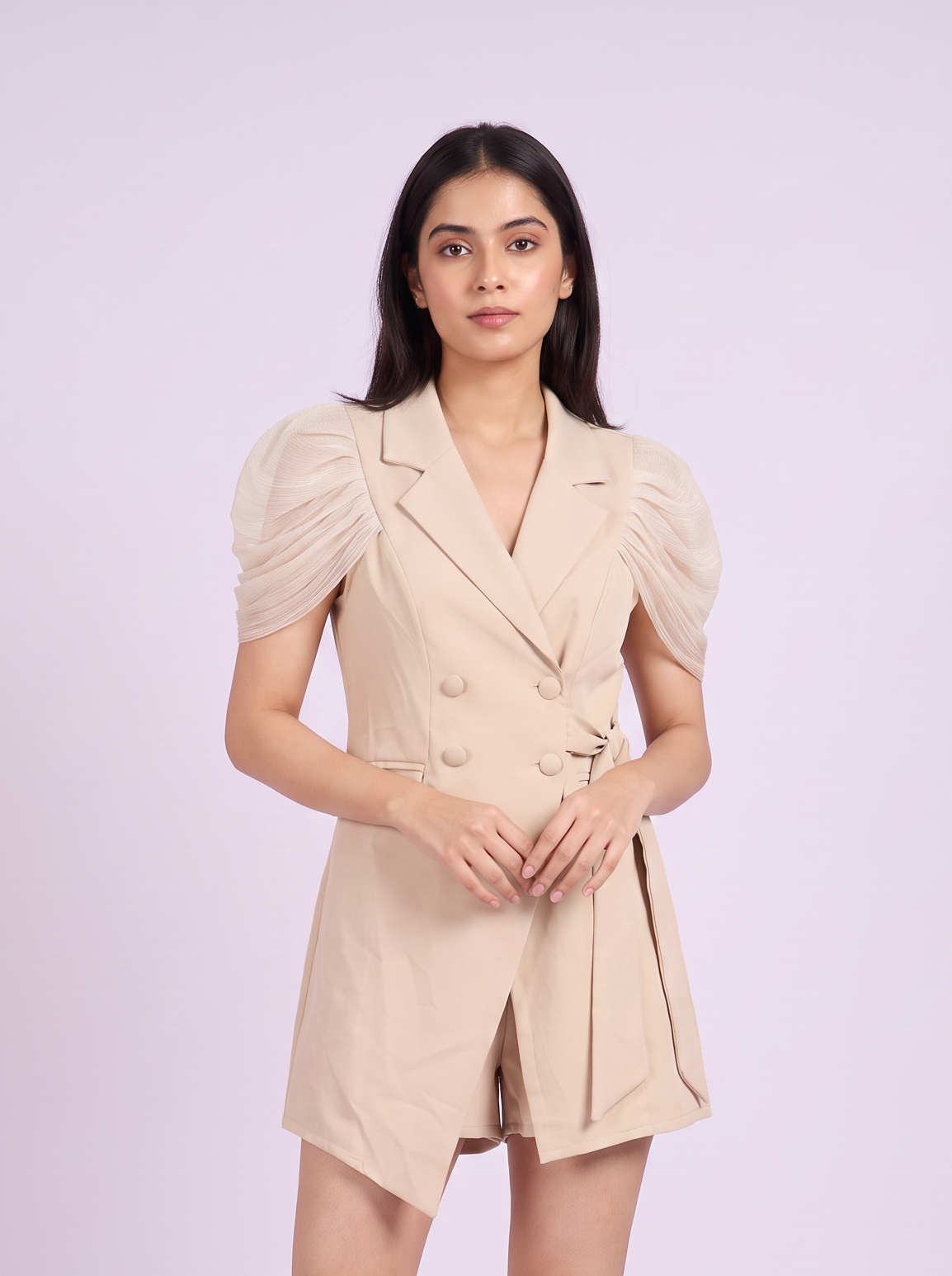 Blazer Romper with Sheer Ruched Sleeves