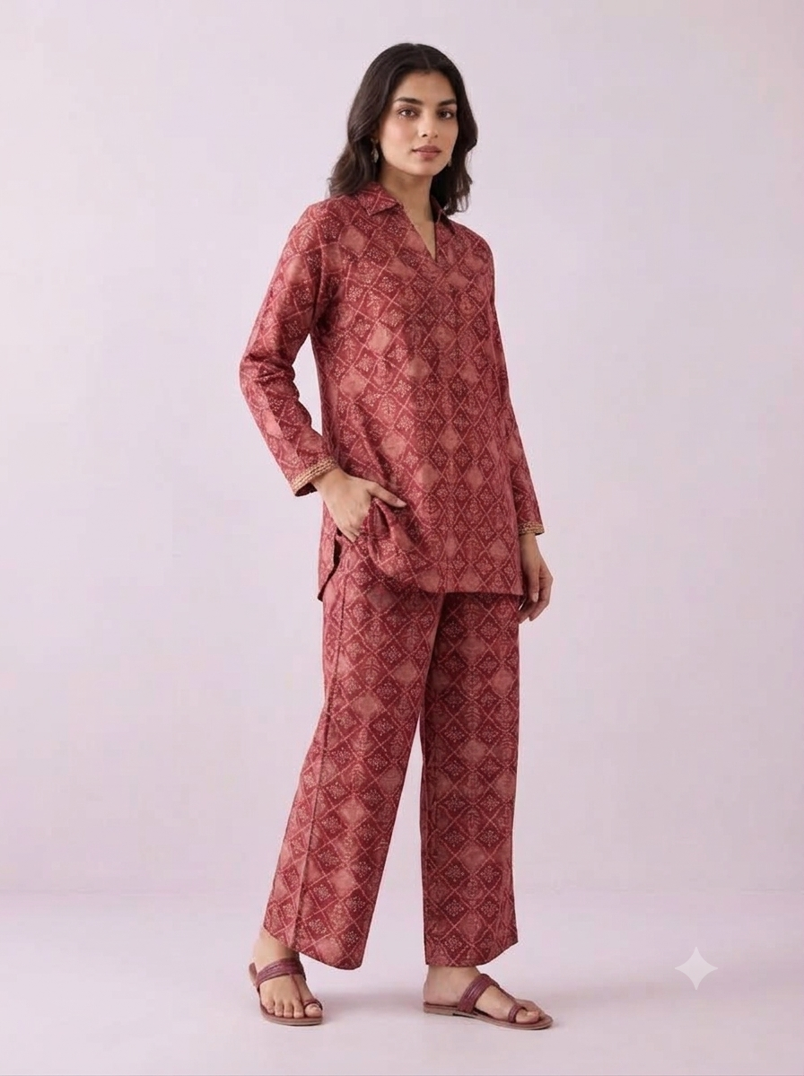 Terracotta Diamond Print Tunic & Trouser Set