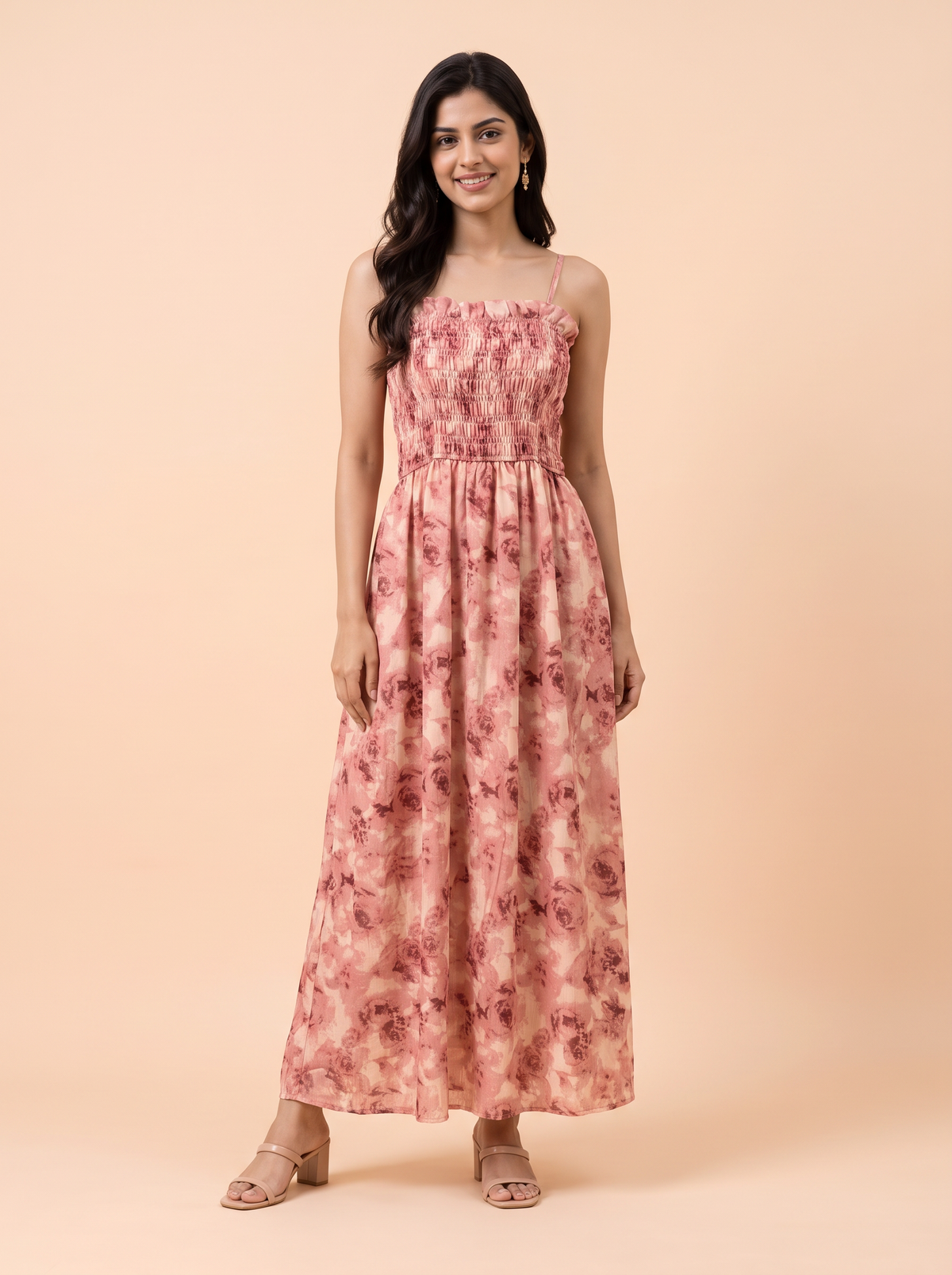 Dusty Rose Watercolor Floral Smocked Maxi Dress