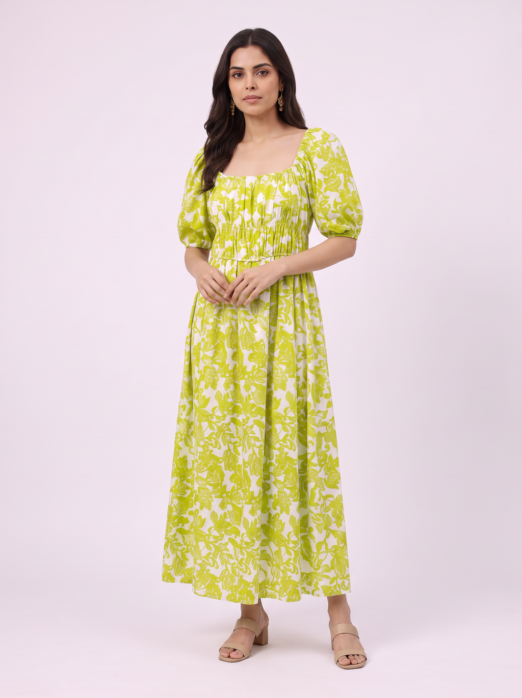Lime Botanical Print Ruched Maxi Dress