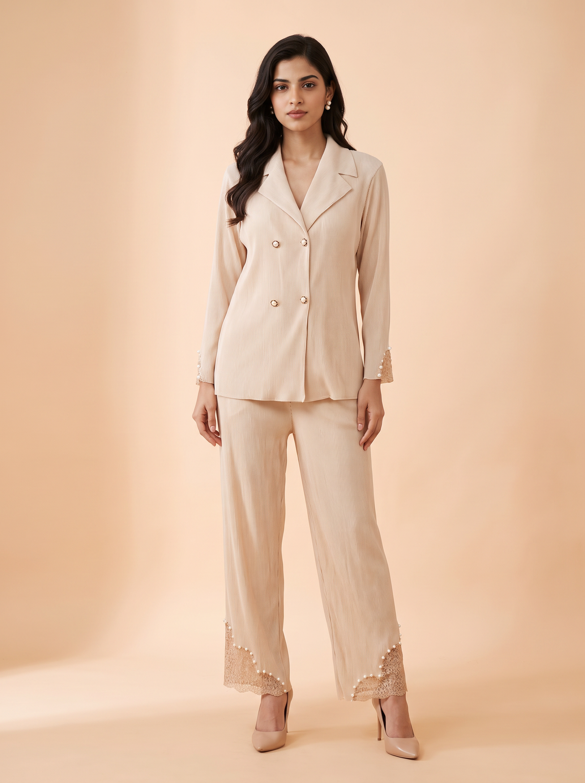 The Champagne Lace-Trim Plissé Blazer Set