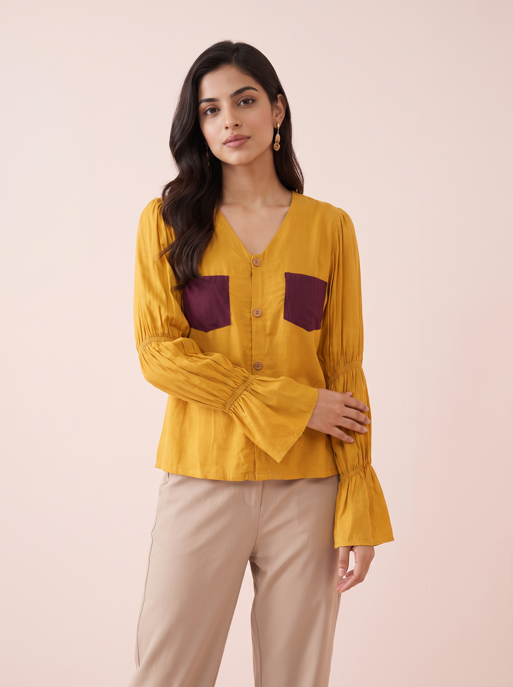 Marigold Color-Block Flute Sleeve Top