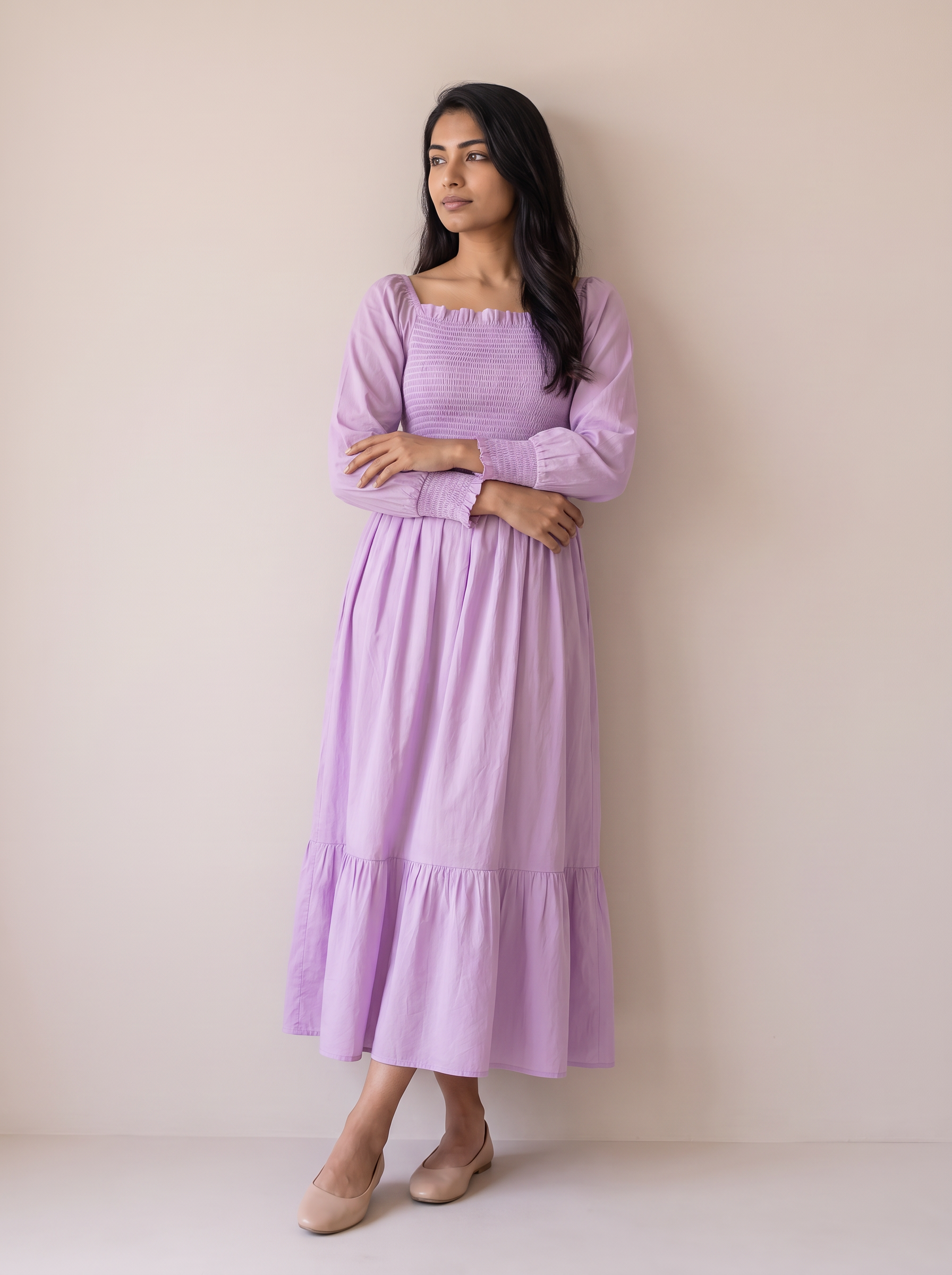Lilac Smocked Long-Sleeve Tiered Maxi Dress
