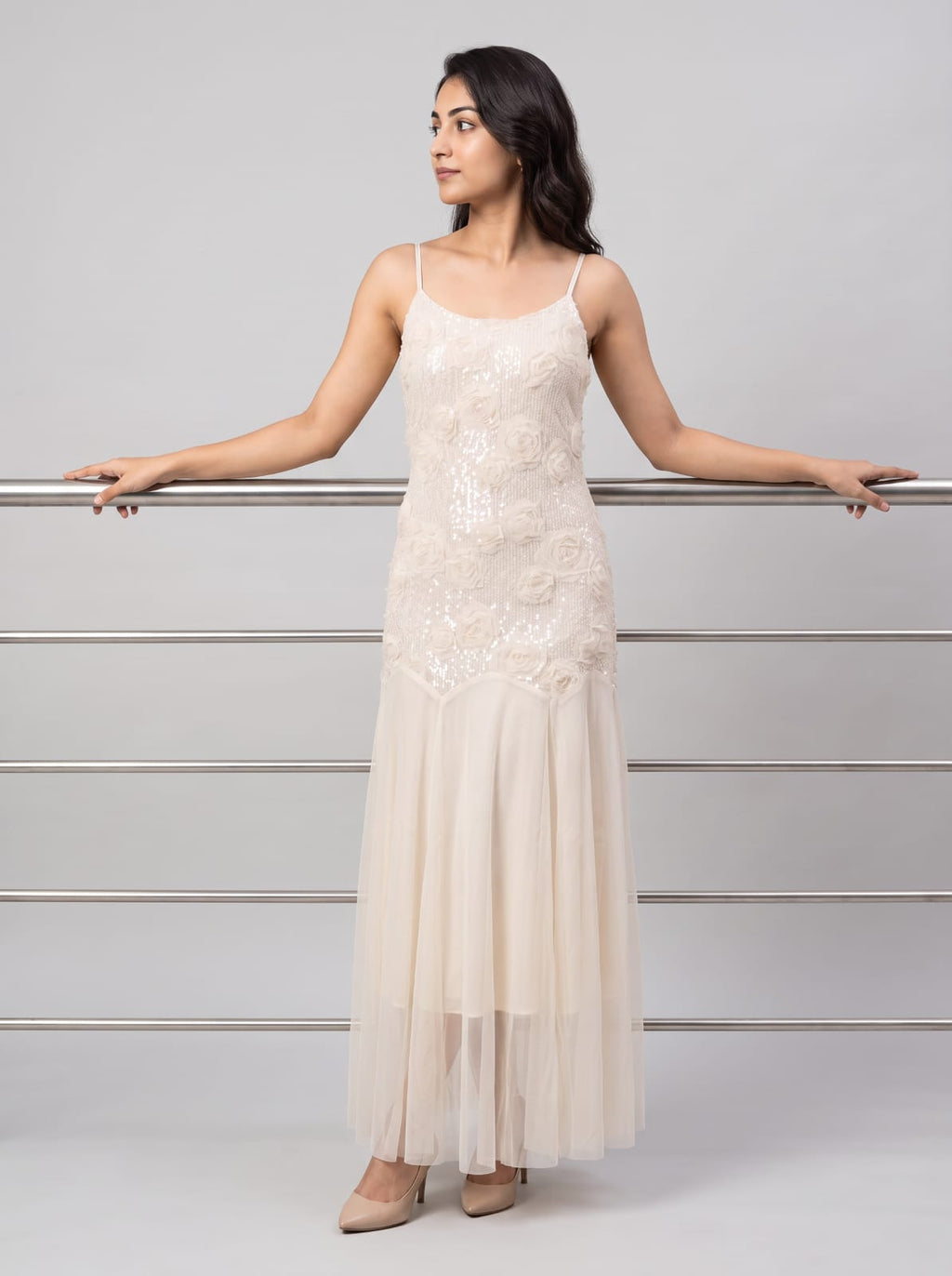 Floral Appliqué Sequin Slip Maxi Dress