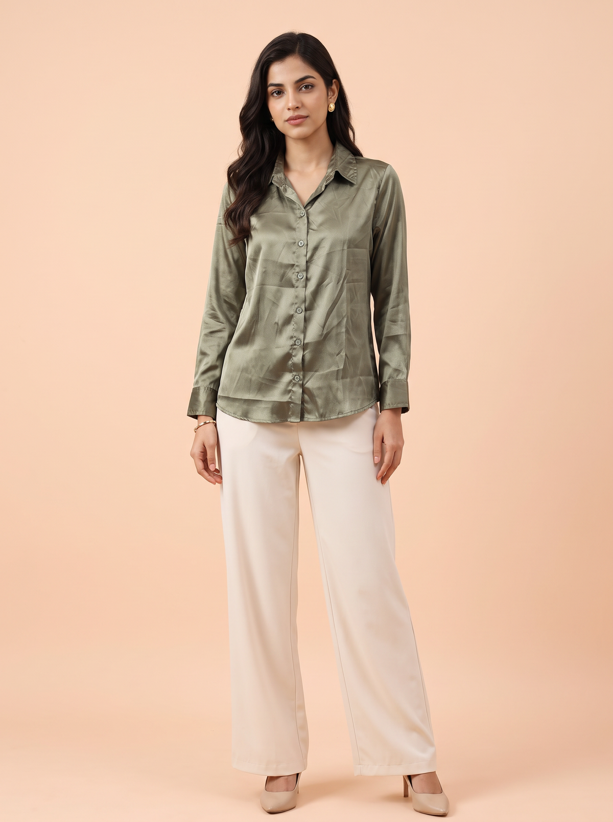 Sage Lustre Satin Button-Down Shirt