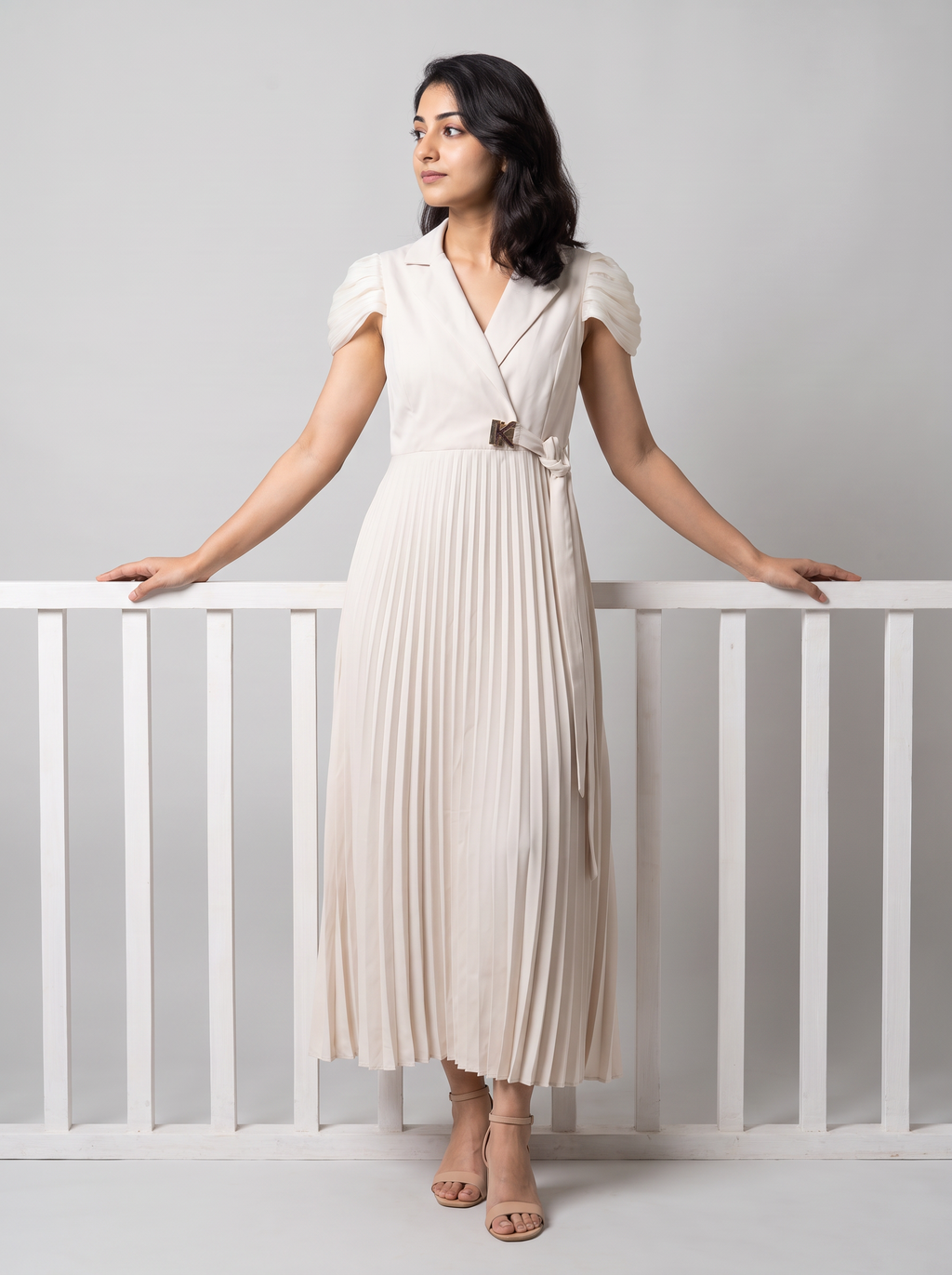 Pleated Lapel-Collar Midi Dress