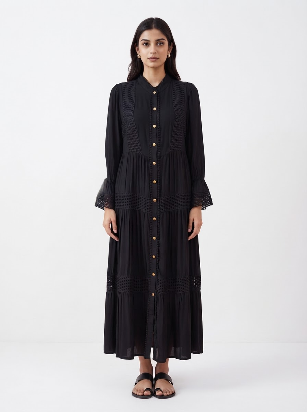 Black Bohemian Lace-Insert Button-Down Maxi Dress