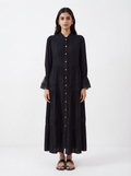 Black Bohemian Lace-Insert Button-Down Maxi Dress