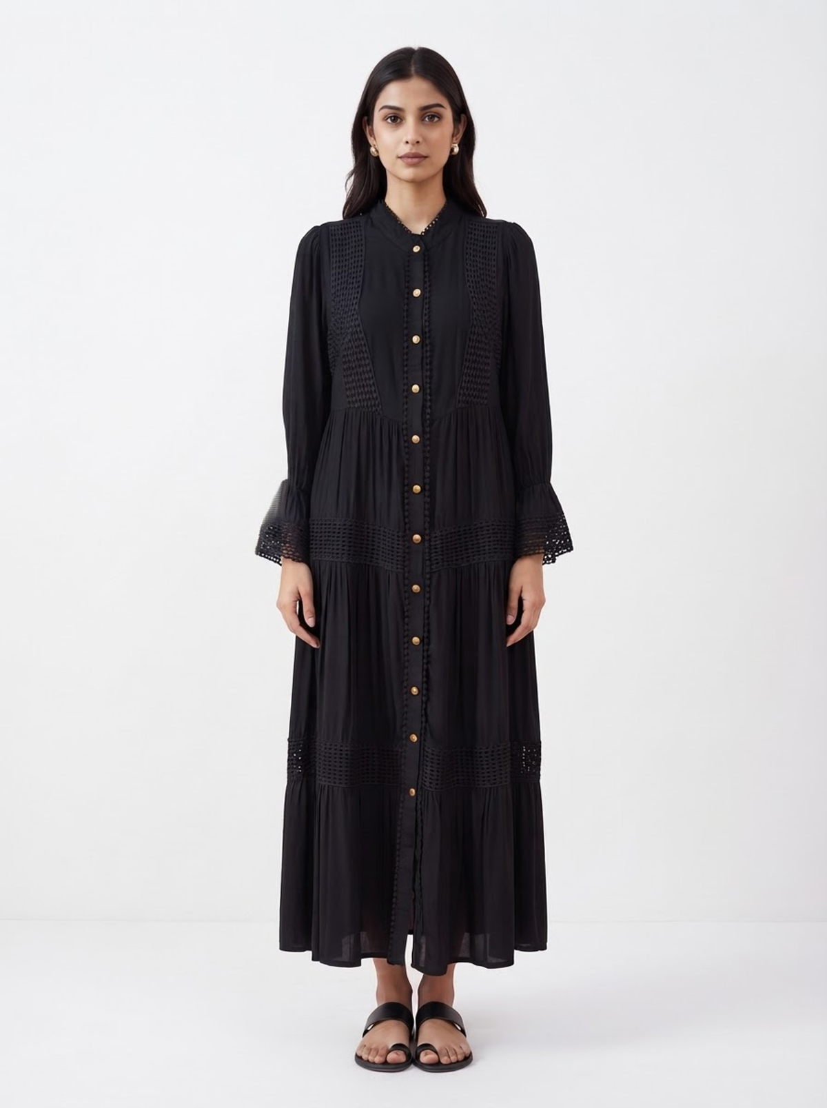 Black Bohemian Lace-Insert Button-Down Maxi Dress