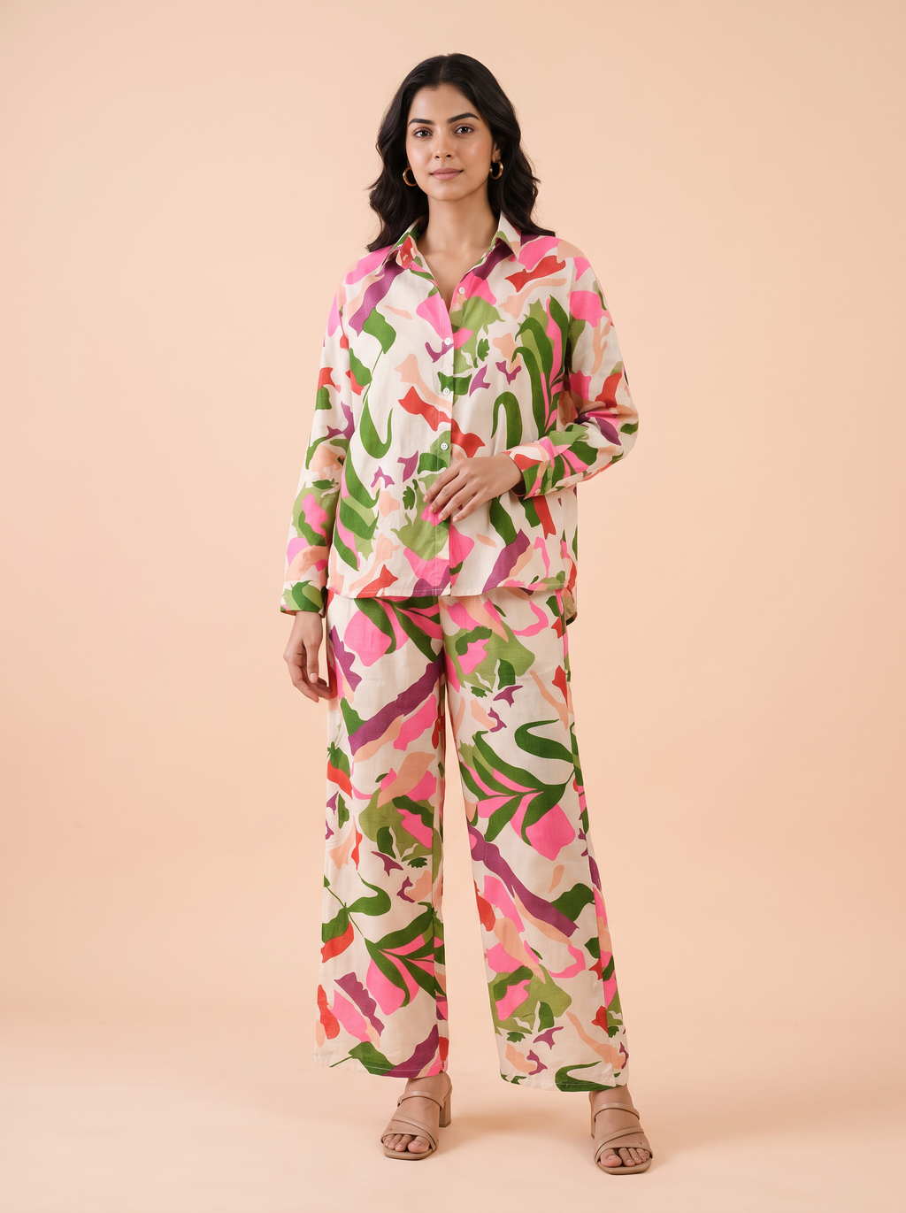 Tropical Mosaic Printed Shirt & Wide-Leg Co-Ord Set