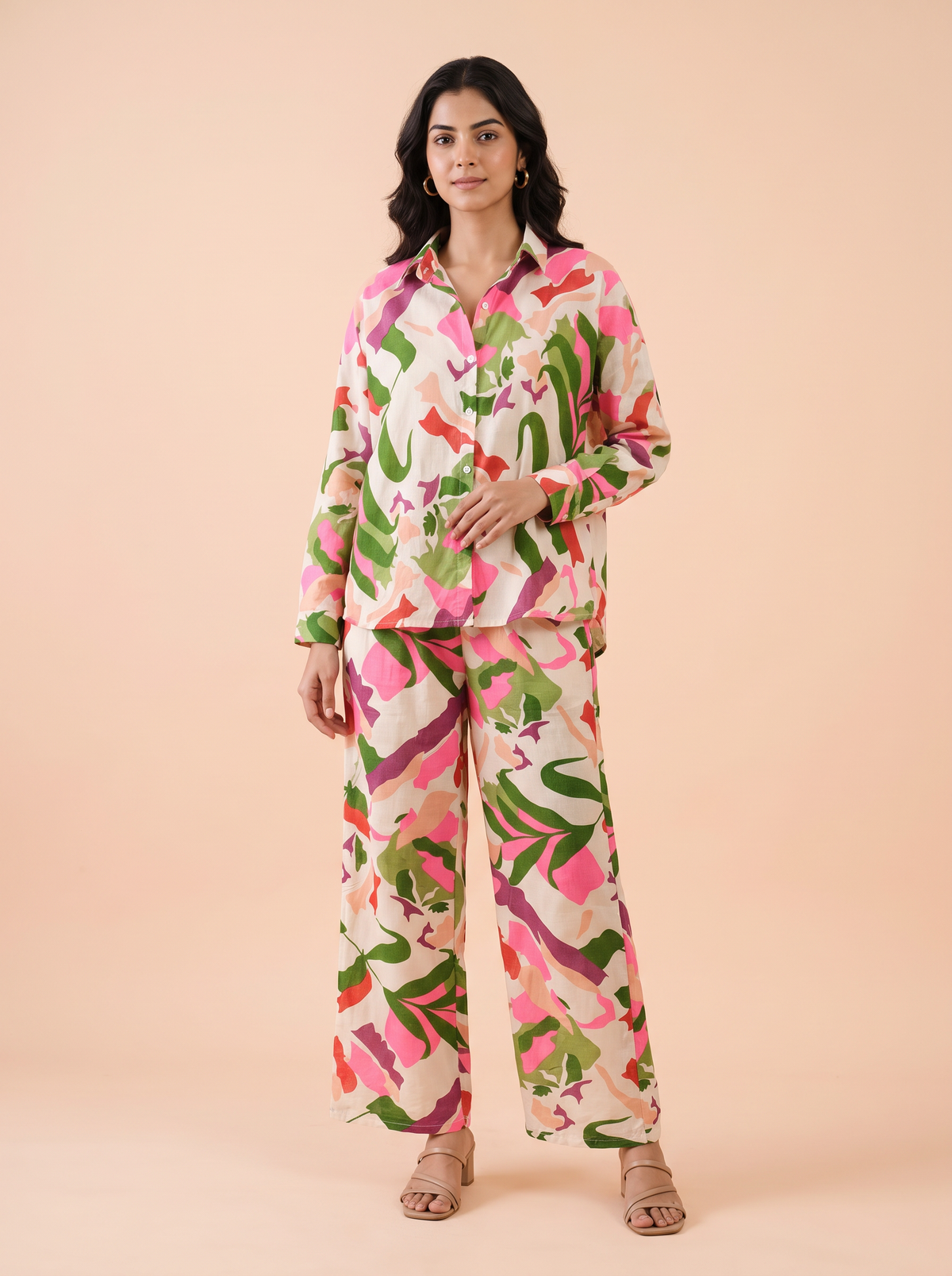 Tropical Mosaic Printed Shirt & Wide-Leg Co-Ord Set