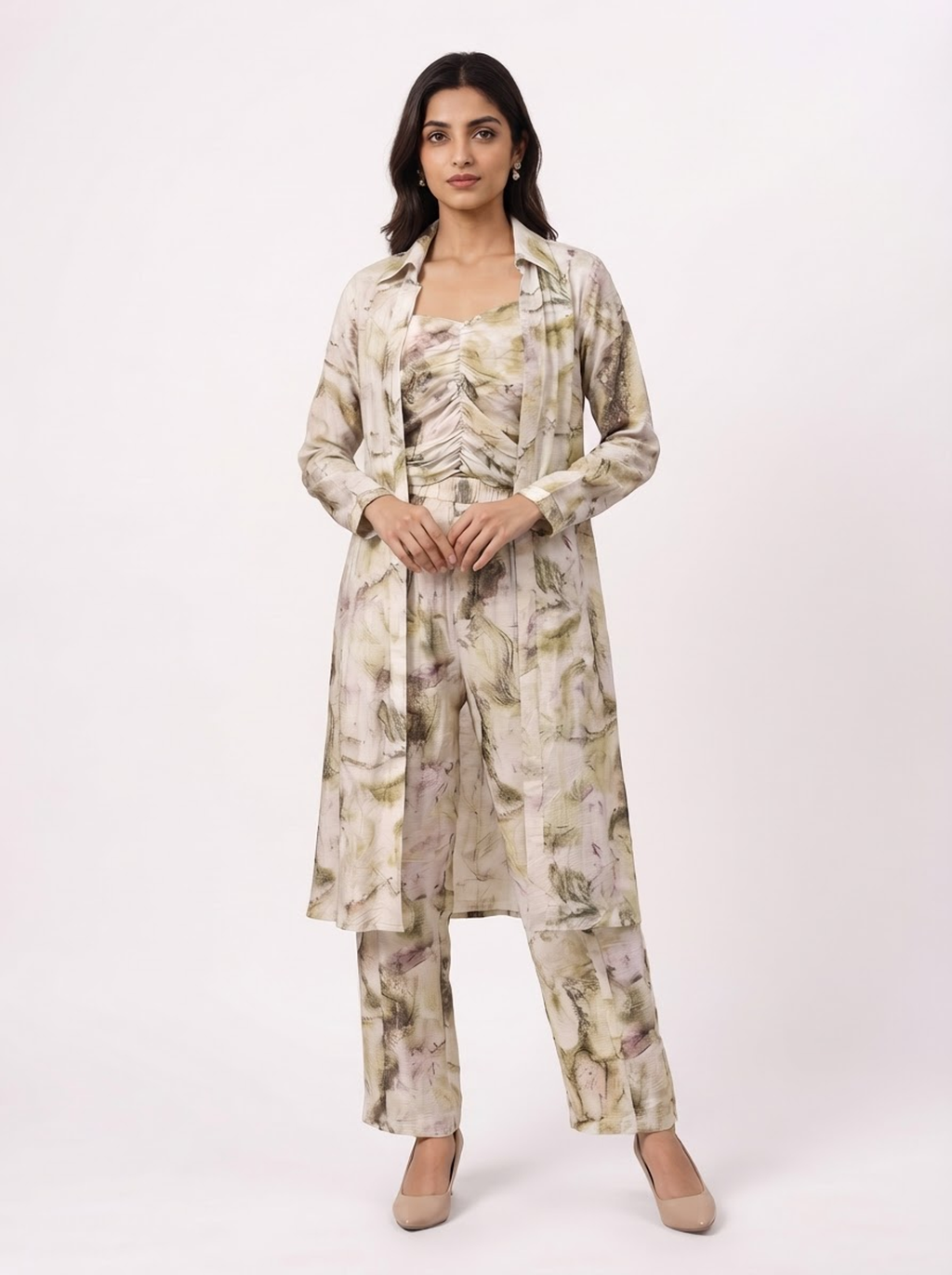 Olive Abstract Watercolor 3-Piece Co-ord Set