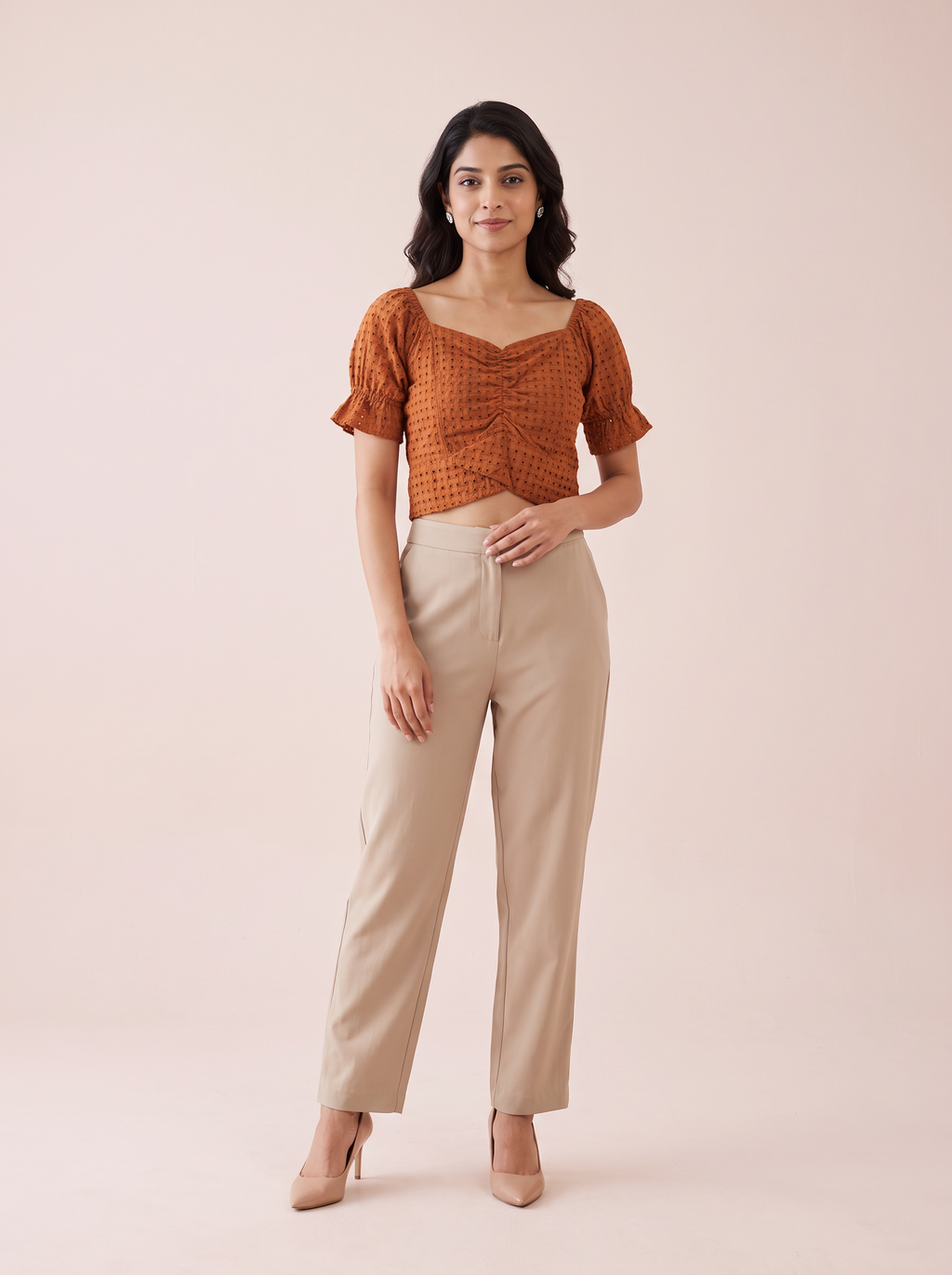 Rust Eyelet Ruched Crop Top