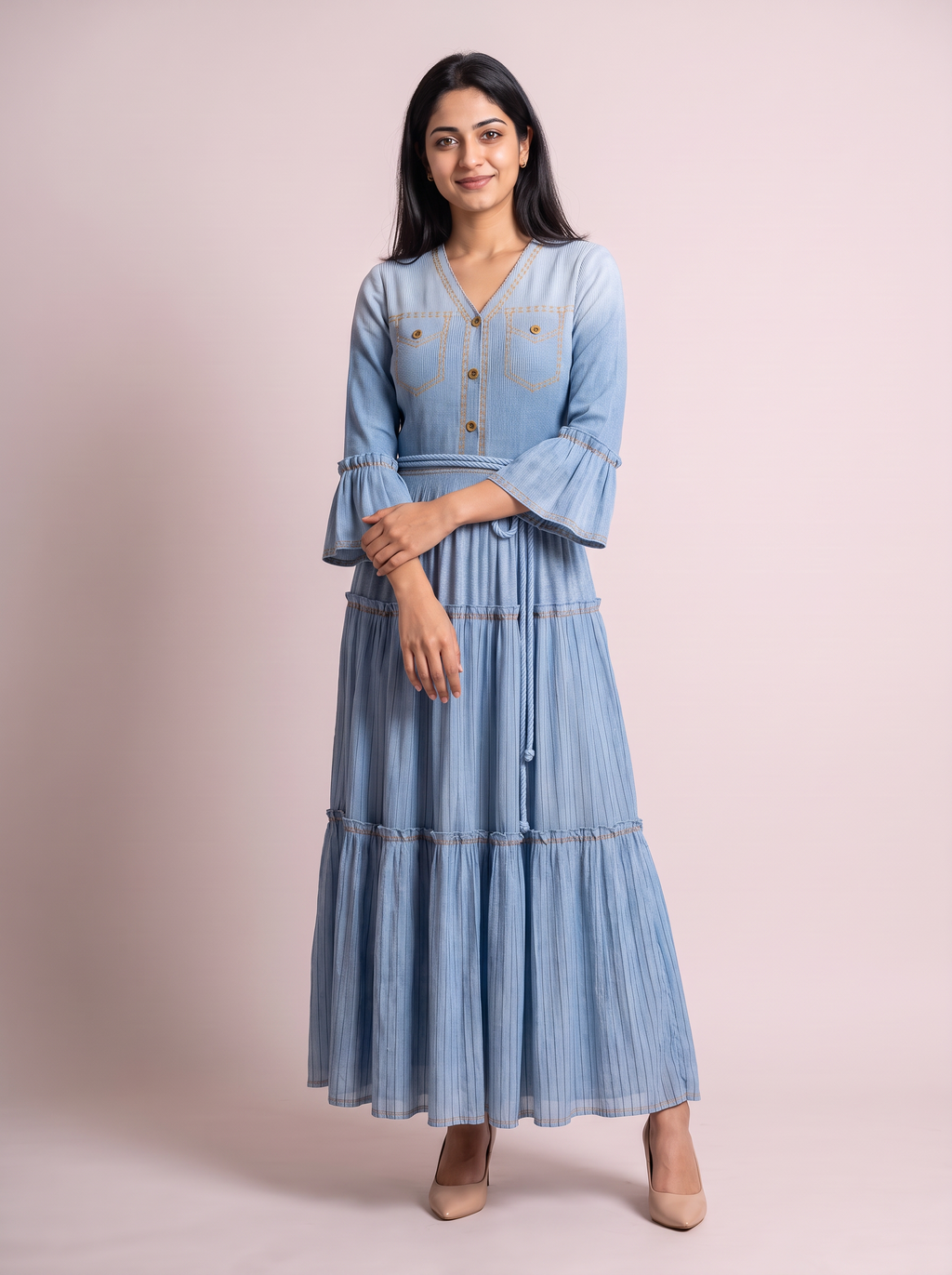 Celeste Chambray Tiered pleated Dress