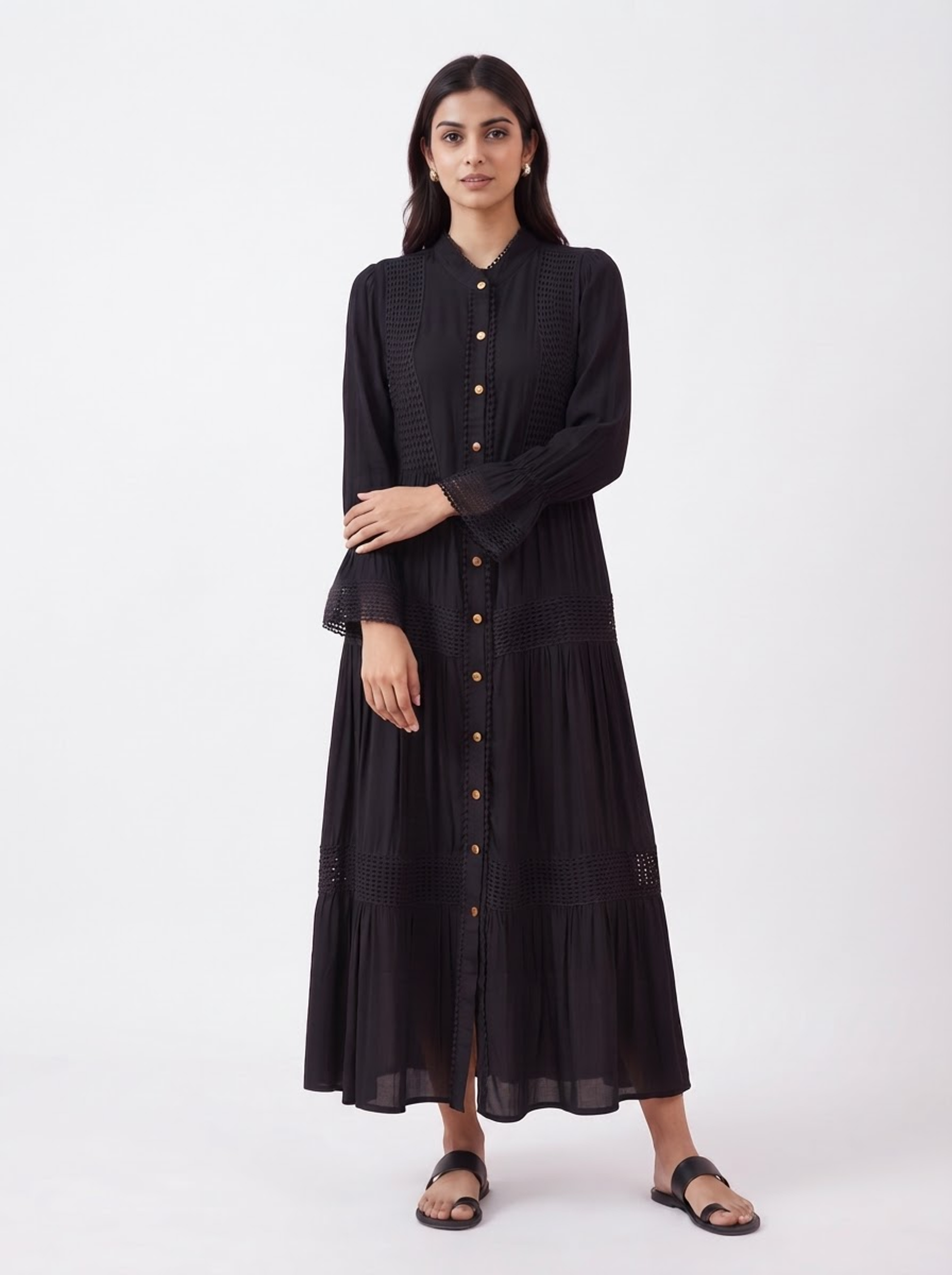 Black Bohemian Lace-Insert Button-Down Maxi Dress