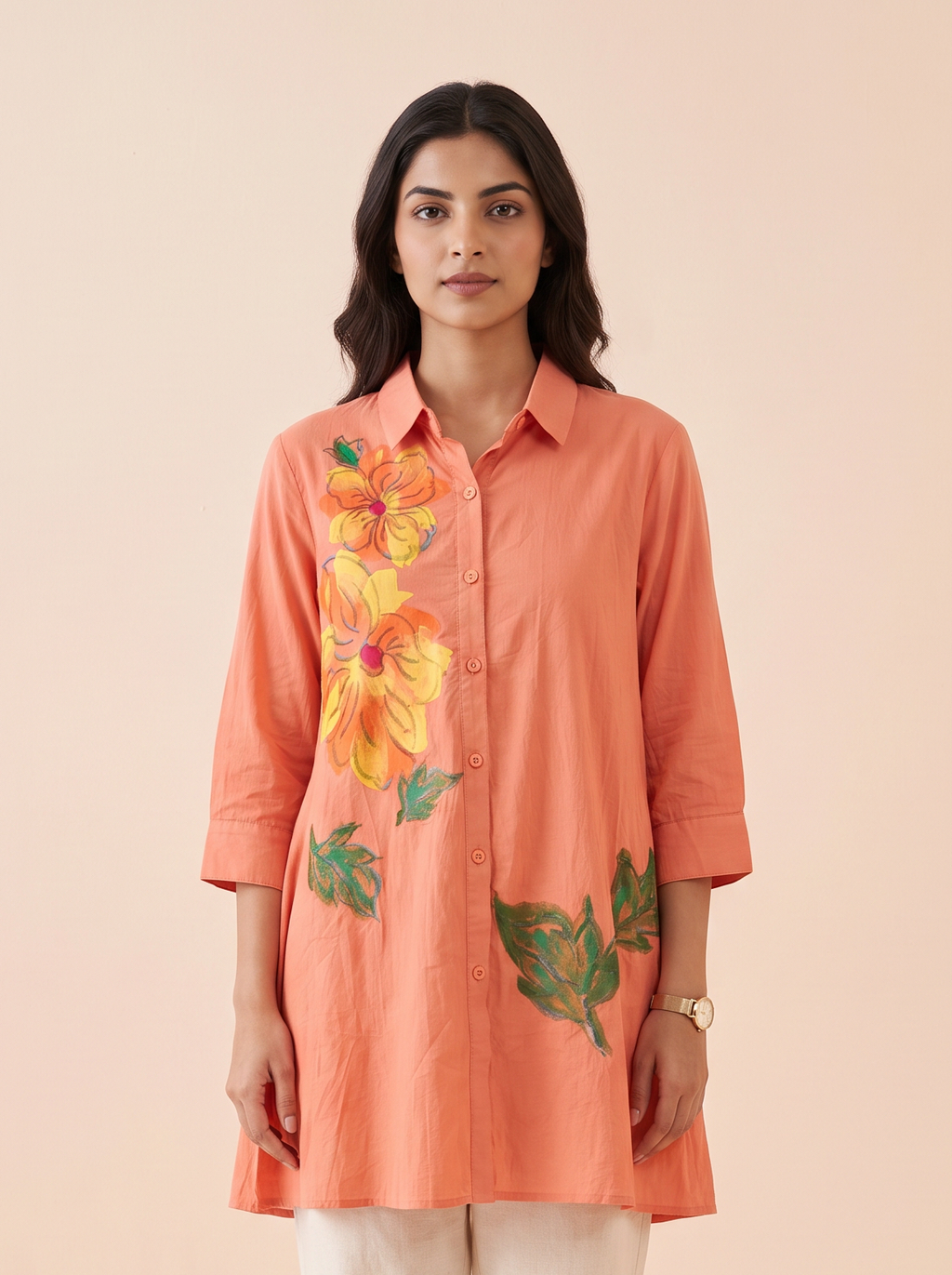 Peach Floral Hand-Painted Cotton Tunic Shirt