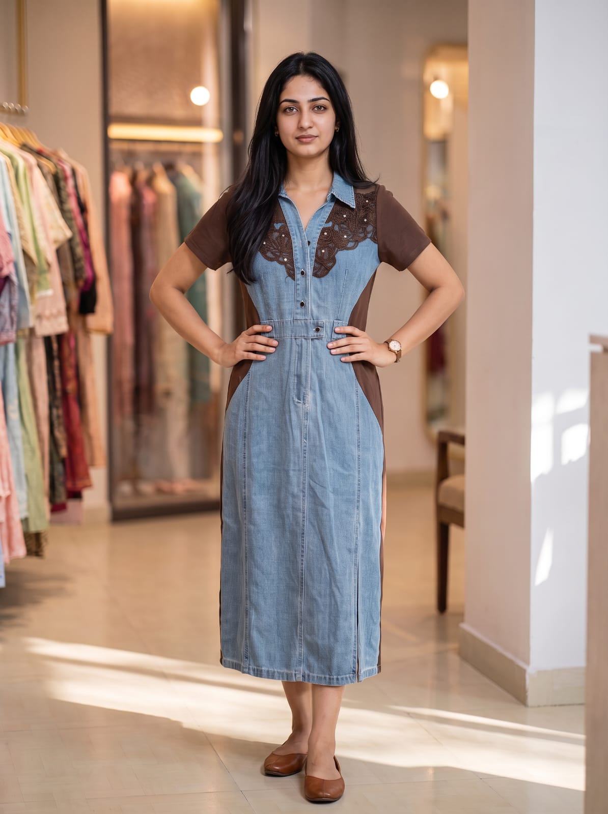 Contrast Panelled Denim Midi Dress
